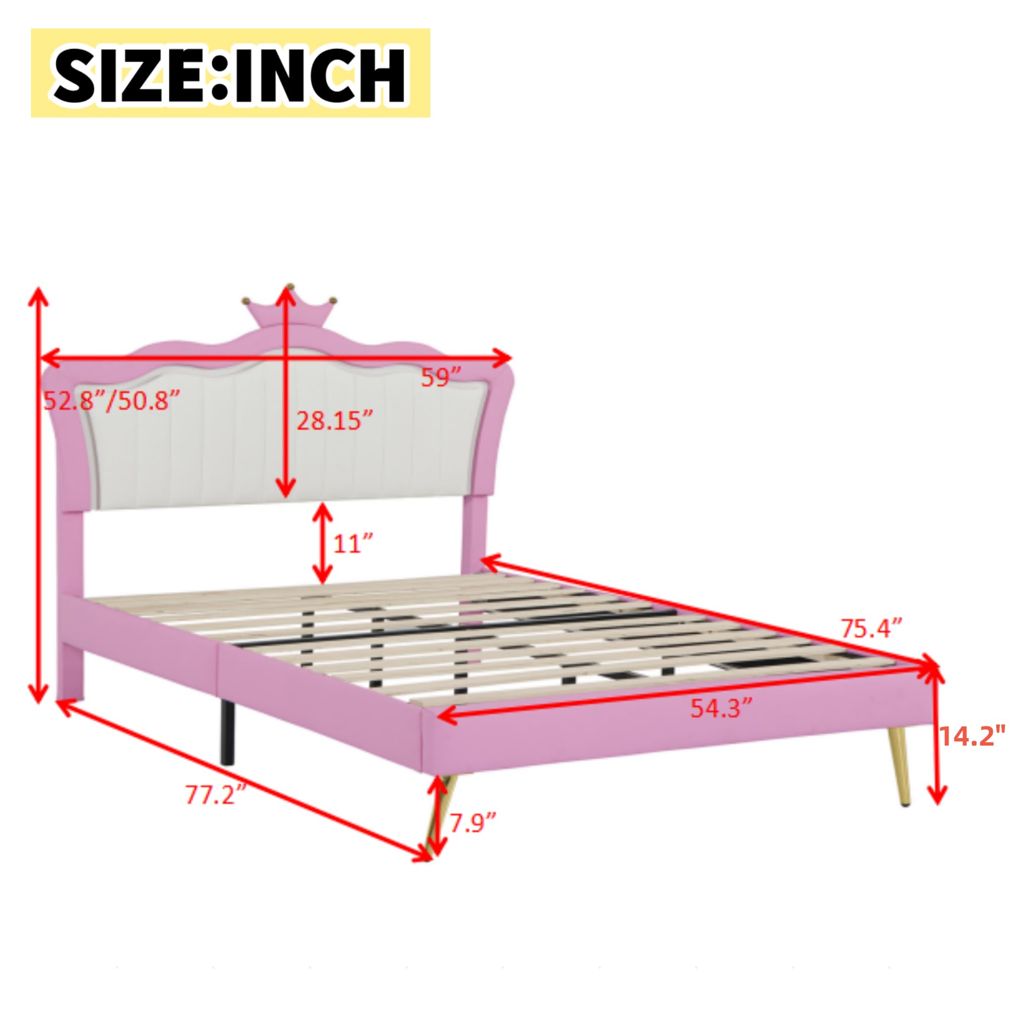 Linique Full Size Upholstered Bed Frame with LED Lights - Modern Princess Bed with Crown Headboard in Pink & White - Perfect for Girls' Bedroom, Teen Room Decor & Luxury Bedroom Makeover