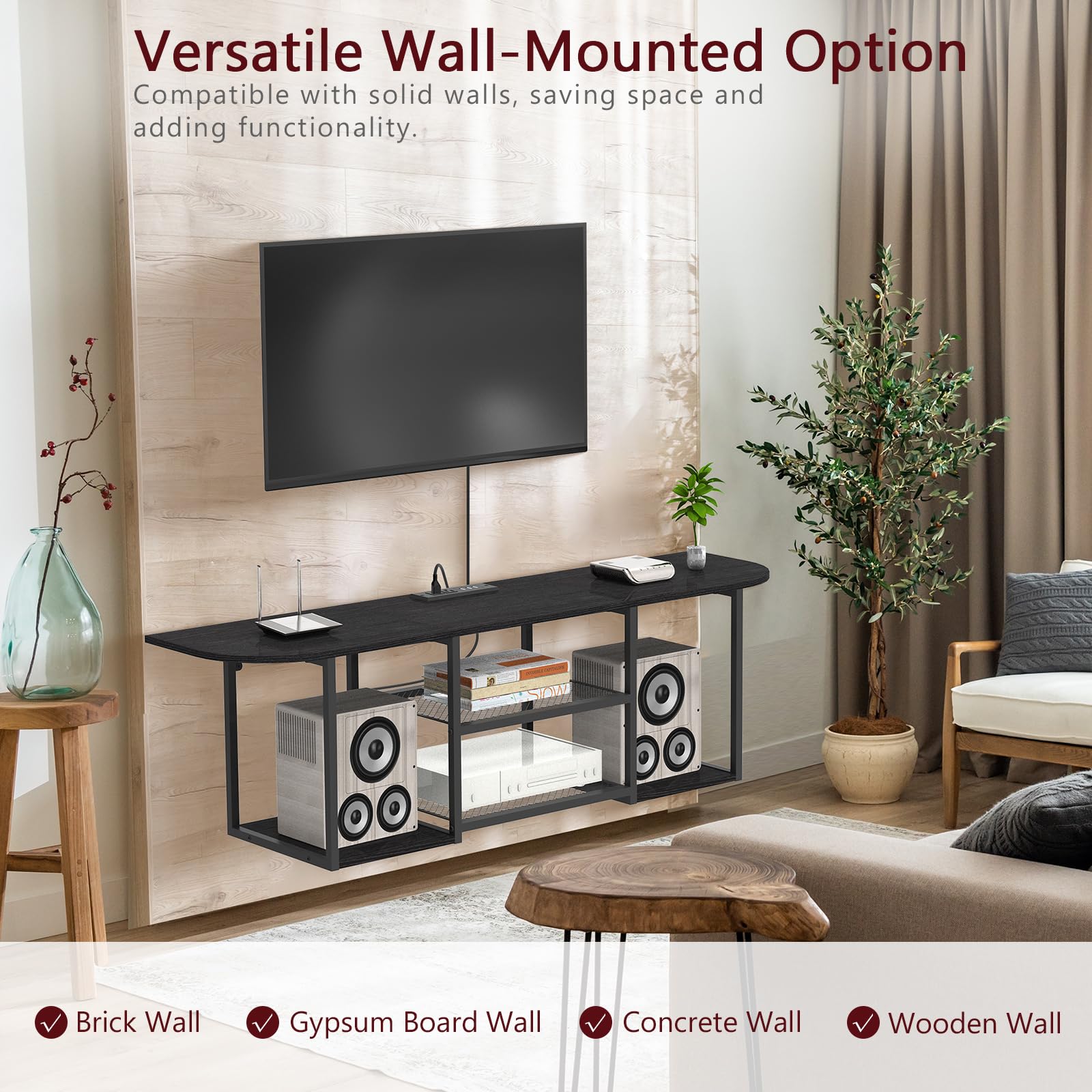 Floating TV Stand with Power Outlet for 50-60 Inch TVs - Wall Mounted Media Console with Open Storage Shelves - Modern Entertainment Center for Living Room & Bedroom (Black) - Perfect for Small Spaces & Home Theater Setup