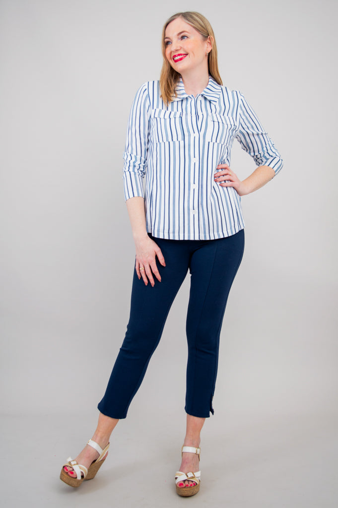 Lauren Jacket for Women - Indigo Stripe Linen Bamboo Blend Lightweight Cardigan - Perfect for Spring, Summer & Casual Office Wear