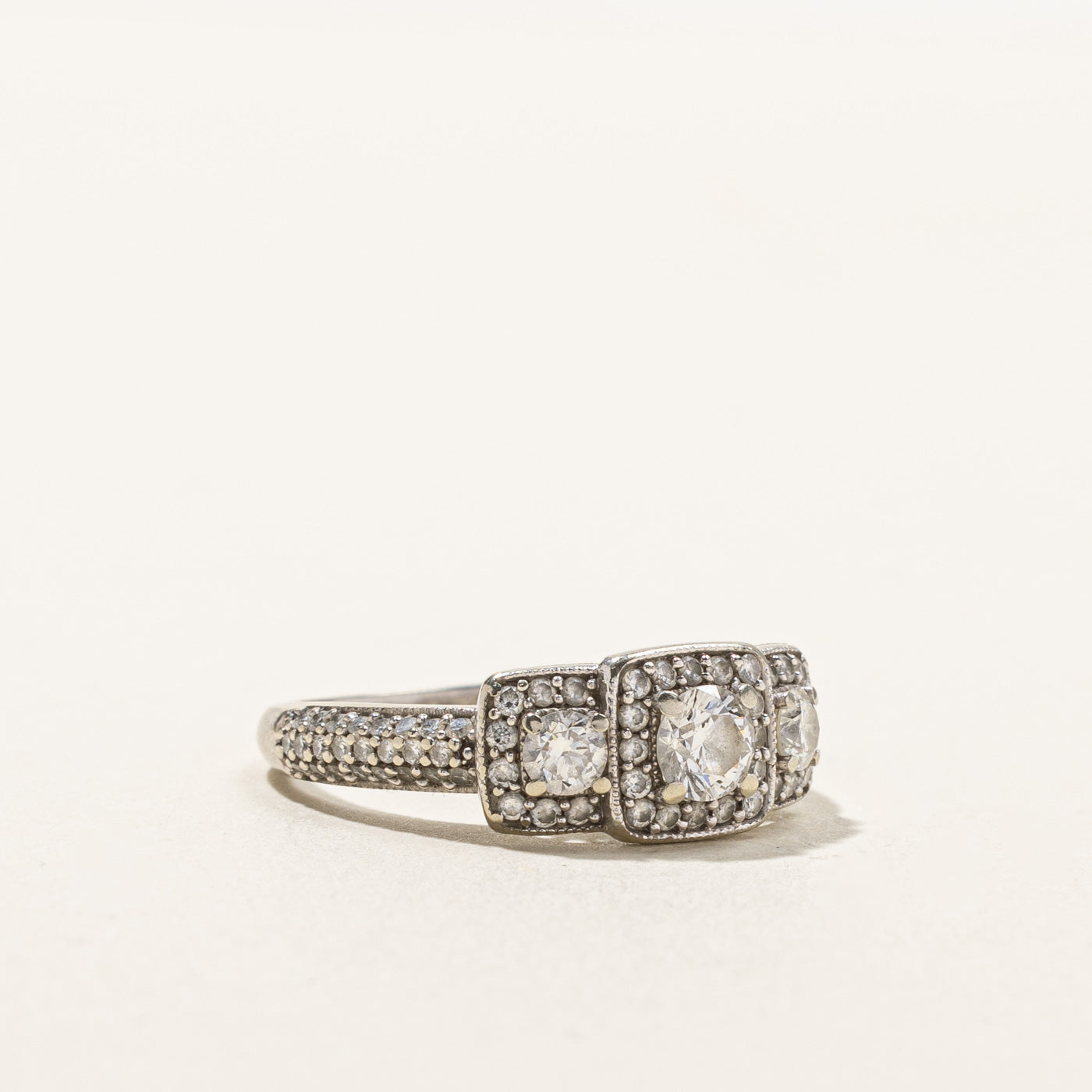 0.82ctw Three Stone Diamond Halo Engagement Ring - Size 6.25 - Ideal for Proposals, Weddings & Anniversary Gifts - Sparkling Round Cut Diamond Jewelry for Women
