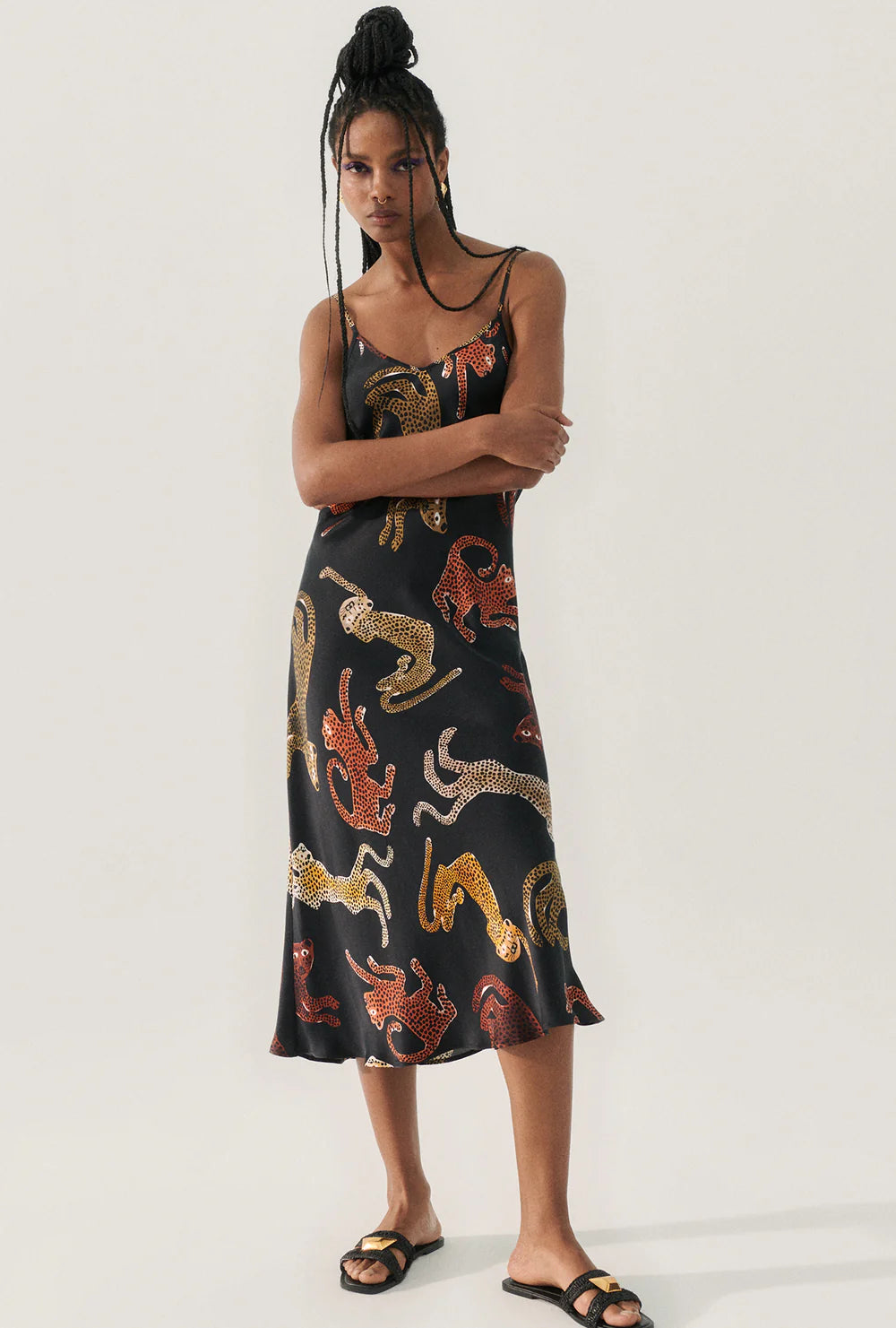 90s Vintage Slip Dress with Jaguar Print - Black Satin Nightgown for Women | Perfect for Evening Parties, Date Nights & Lounge Wear