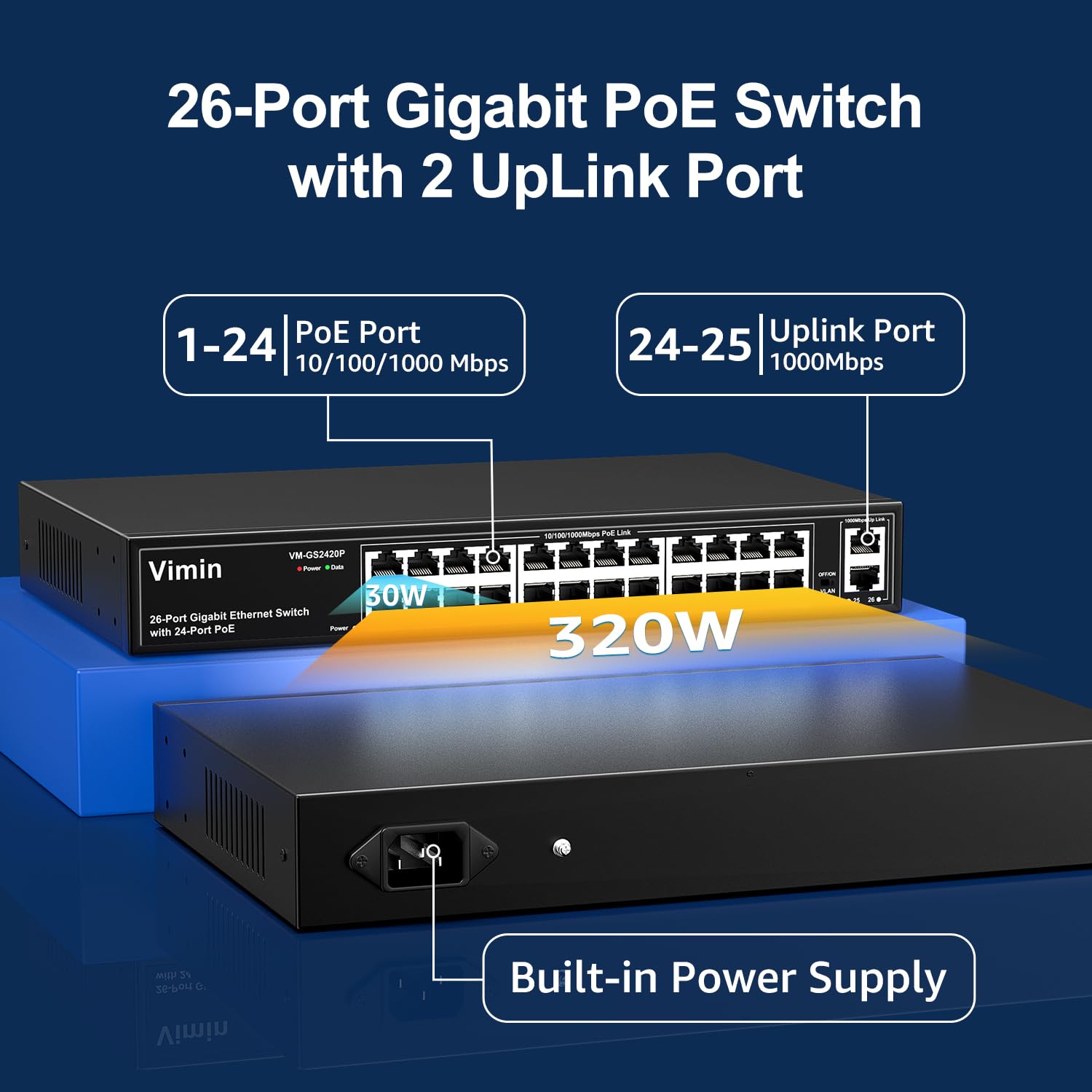 VIMIN 24 Port Gigabit PoE Switch with 2 Uplink Ports | 320W Power | IEEE802.3af/at | VLAN | Metal Housing | 19