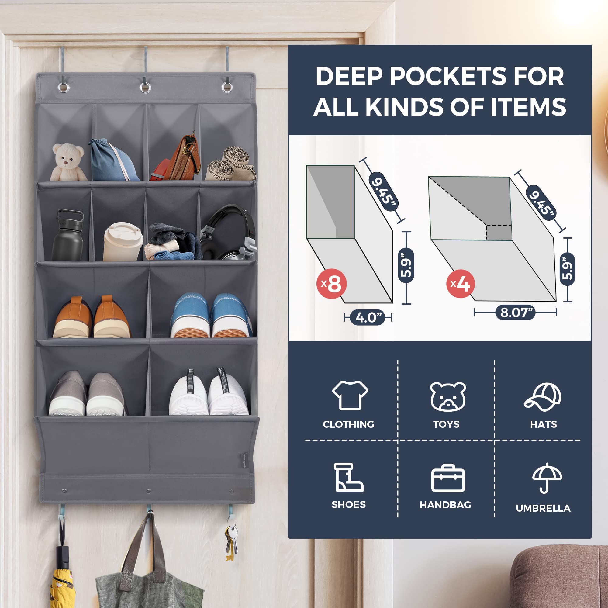 2 Pack Over the Door Shoe Organizer with 8 Large & 4 XL Deep Pockets - Space Saving Hanging Closet Storage for Shoes, Accessories & More - Perfect for Bedrooms, Dorms & Small Spaces (Gray)