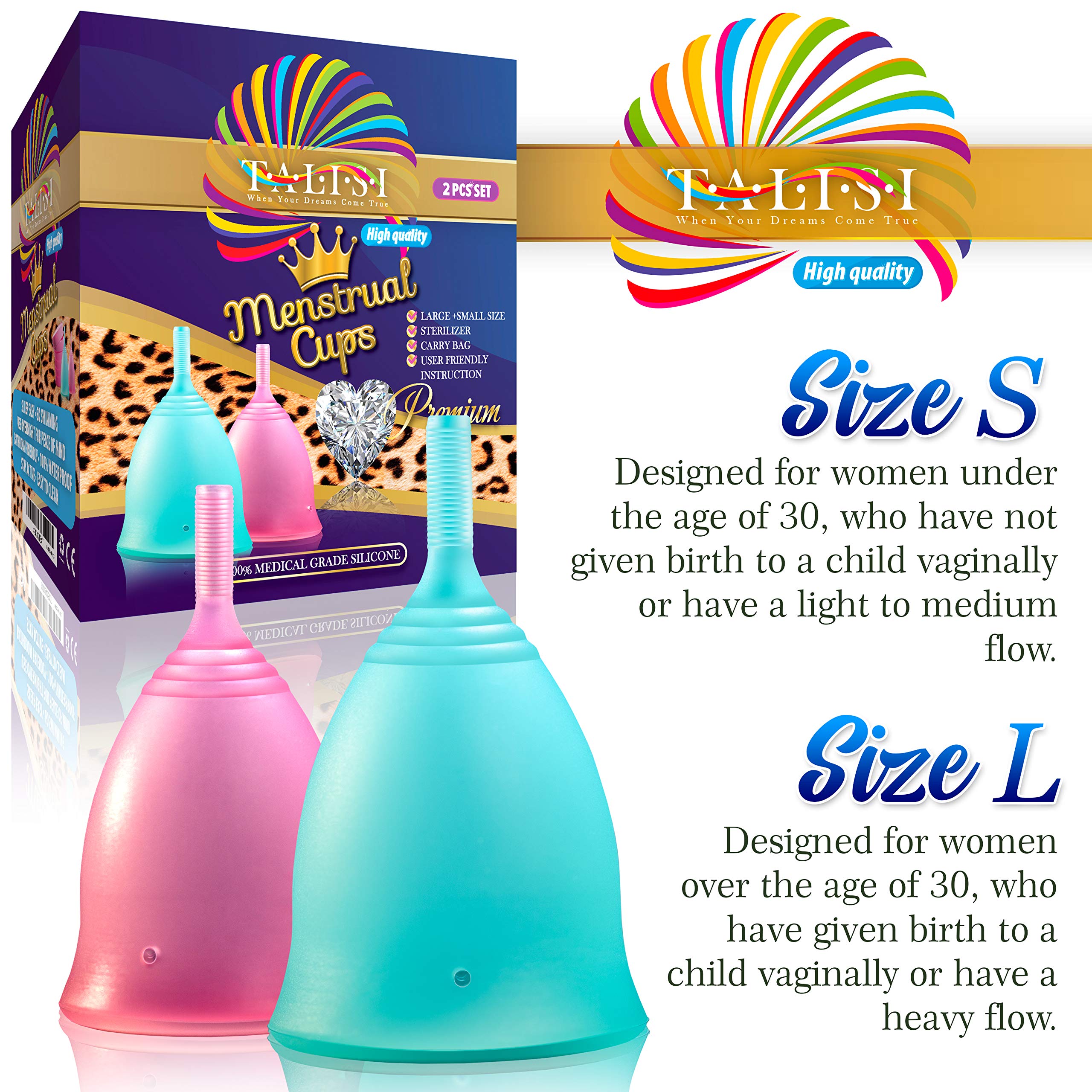 Talisi Reusable Menstrual Cups Set of 2 - Soft Flexible Period Cups for Women (Small & Large Size) | Includes Collapsible Sterilizer | Eco-Friendly Alternative to Tampons & Pads | Ideal for Regular & Heavy Flow | Perfect for Travel, Gym & Active Lifestyles