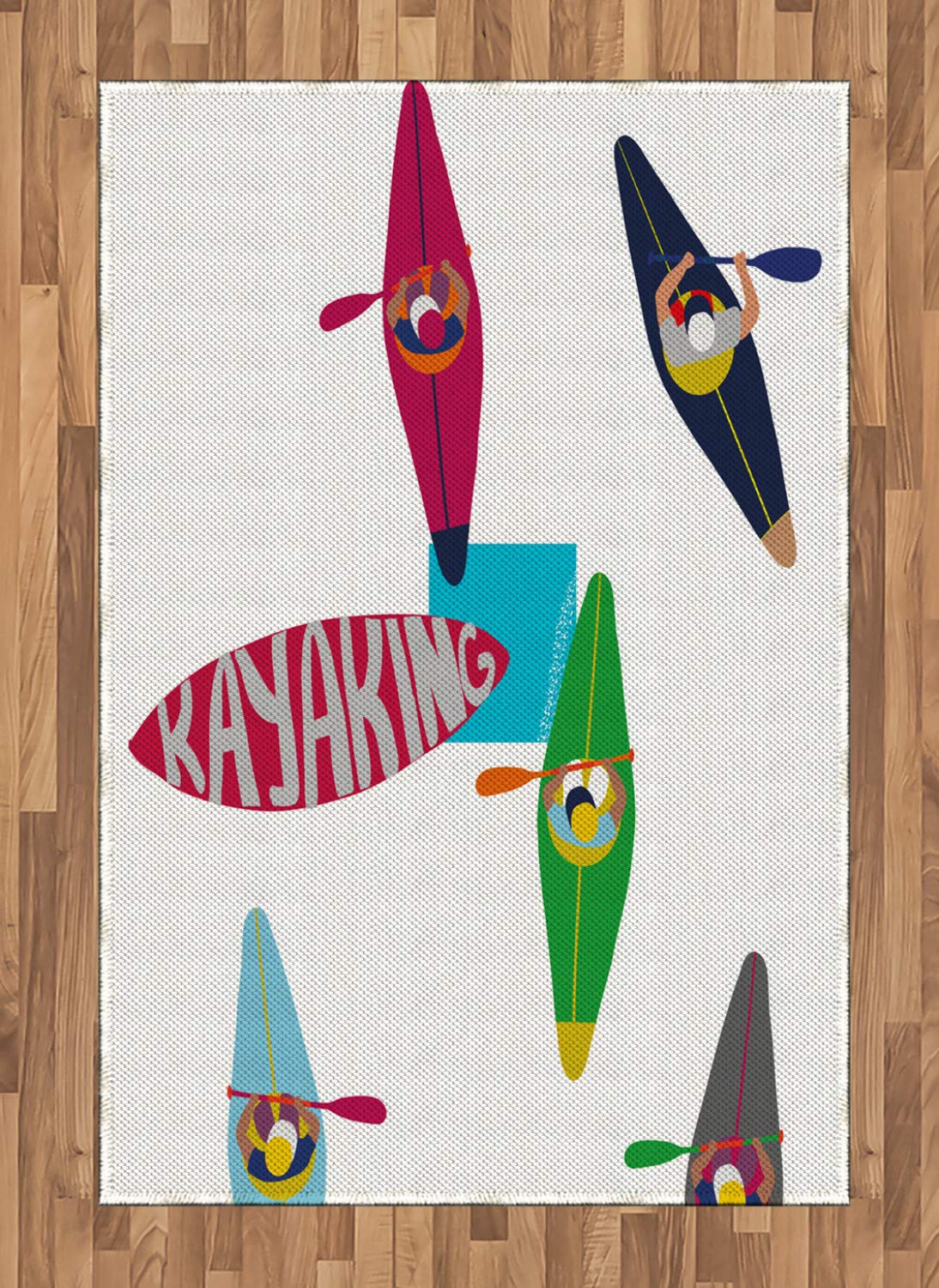 Lunarable Oars Area Rug - Water Sports Themed Kayaking Pattern with Colorful Boats, Non-Slip Flat Woven Accent Rug 4'x5'7
