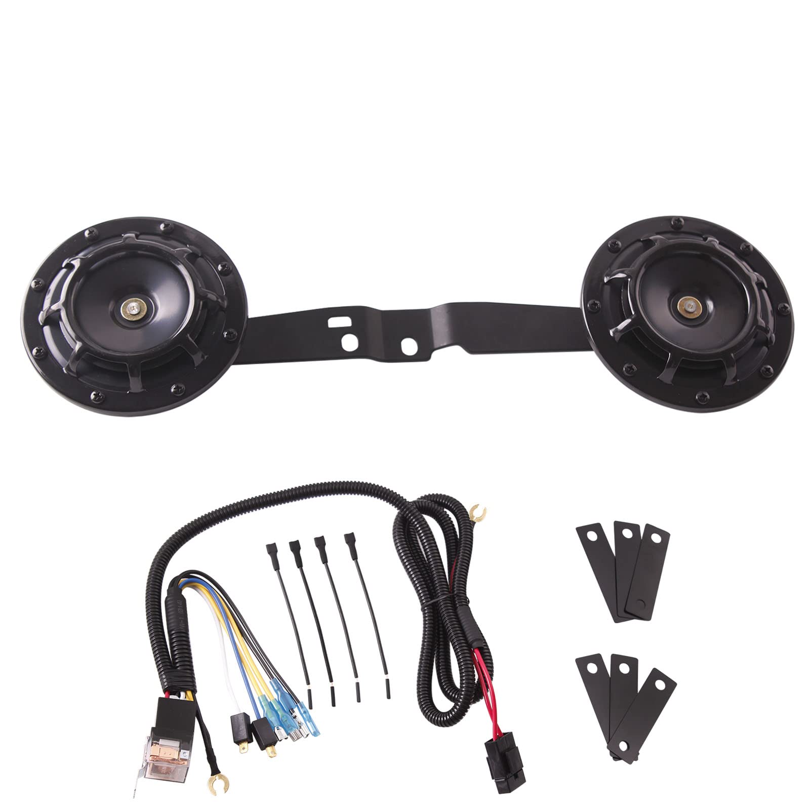 FARBIN Waterproof Car Horn Kit - Loud Super Tone High & Low Metal Twin Horns with Protective Grill, Harness & Bracket (Black) - Perfect for Trucks, SUVs & Off-Road Vehicles