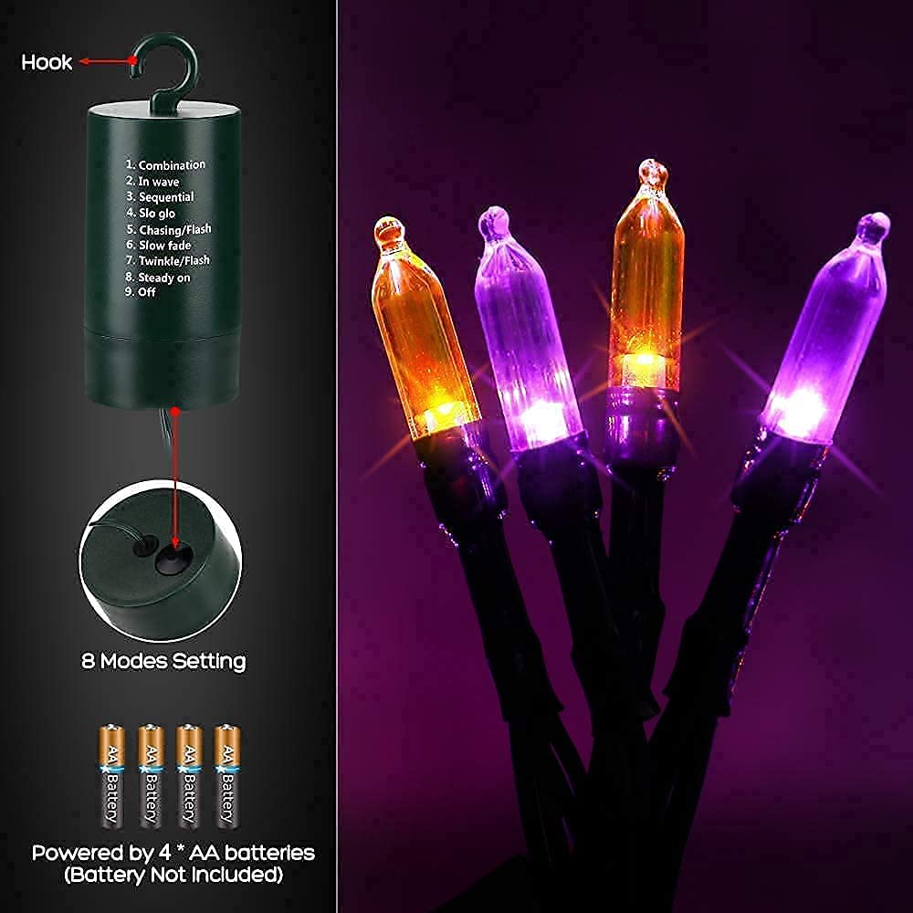 Joomer Orange Purple Halloween Lights - 33ft 100 LED Battery Operated String Lights with 8 Modes & Timer, Waterproof for Indoor Outdoor Halloween Party Decorations, Yard, Garden, Porch, and Home Decor