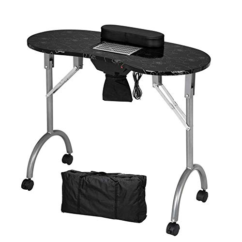Portable MDF Manicure Table with Dust Collector, Cushion & Fan - Foldable Design & Wheels for Easy Mobility - Black Salon Spa Beauty Equipment | Perfect for Nail Salons, Home Use & Professional Beauty Services