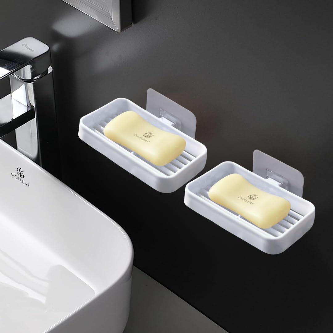 GARLEAF 2-Pack Soap Holder for Bathroom & Kitchen - Wall Mounted Organizer Shelf for Soap, Sponge, and Bath Accessories - Perfect for Shower, Sink, and Countertop Storage