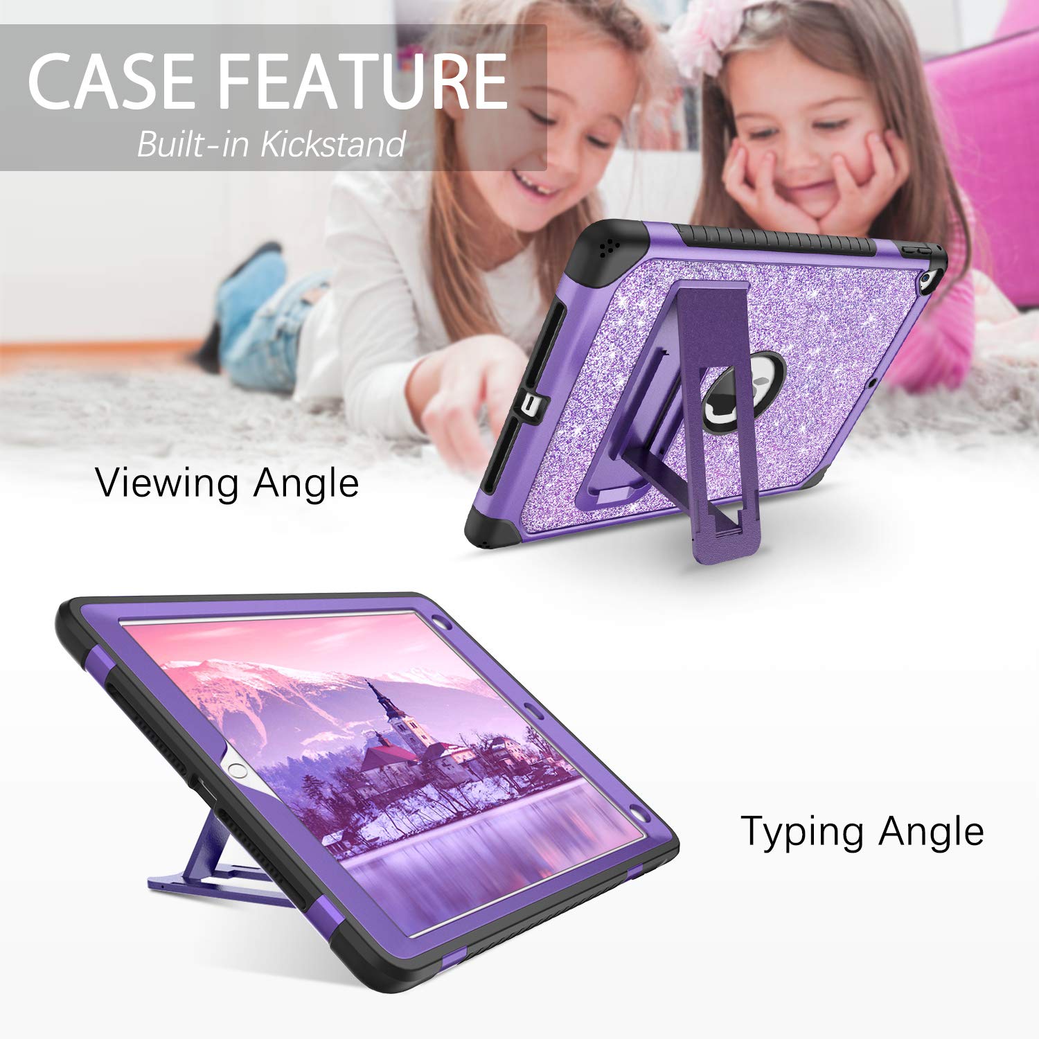 DUEDUE iPad 9.7 Case (2017/2018) & iPad Air 2 Case - 6th/5th Gen Protective Cover with Kickstand | Shockproof Glitter Bling Hard PC Shell | Perfect for iPad Pro 9.7 - Purple | Ideal for School, Work & Travel Protection