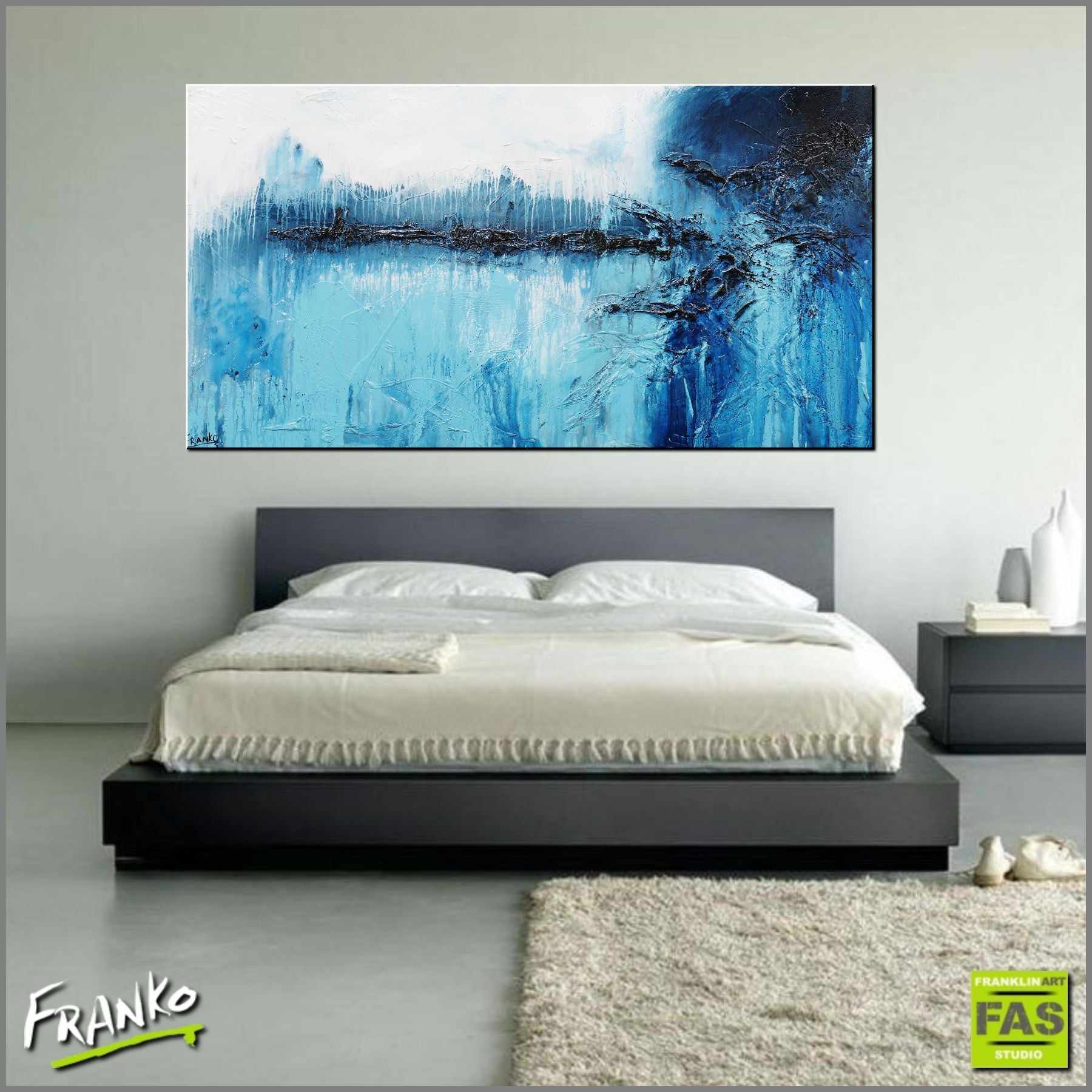 Blue Drifter 190cm x 100cm White Blue Abstract Canvas Wall Art - Modern Home Decor for Living Room, Bedroom & Office