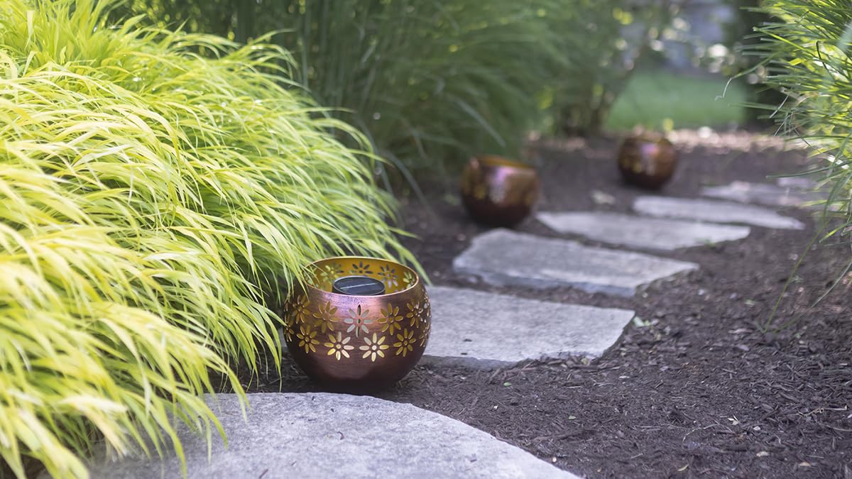Original Solar Fire Bowl 8” (4-Pack) - Decorative Metal Solar Patio Lights with Realistic Flickering Flame, Waterproof Dusk-to-Dawn Outdoor Garden Lantern in Bronze/Copper Finish - Perfect for Backyard, Deck, Pathway & Landscape Lighting