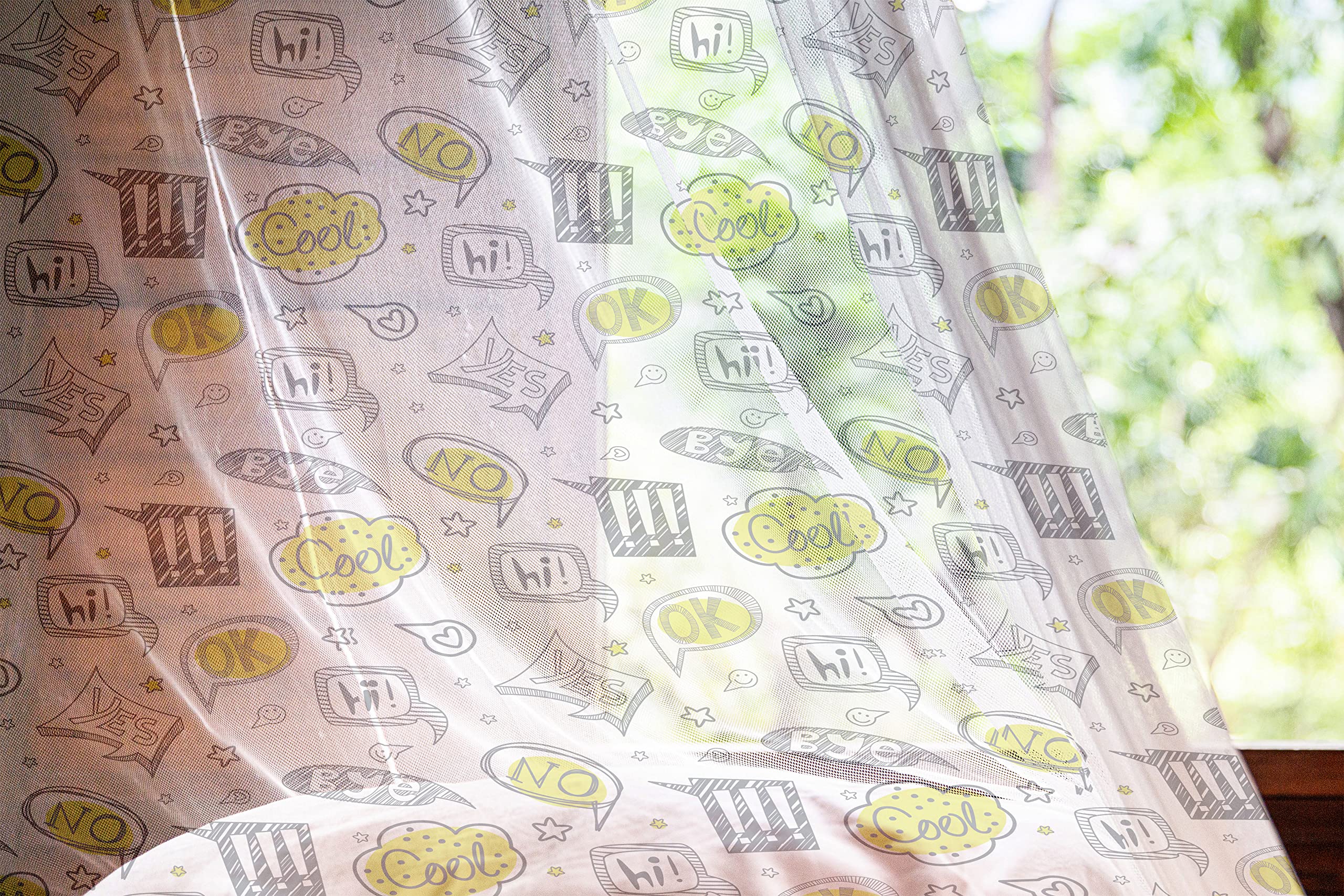 Ambesonne Comic Tulle Curtains with Rod Pocket - Speech Bubble Cartoon Design in Yellow, Green, Grey & White - 108