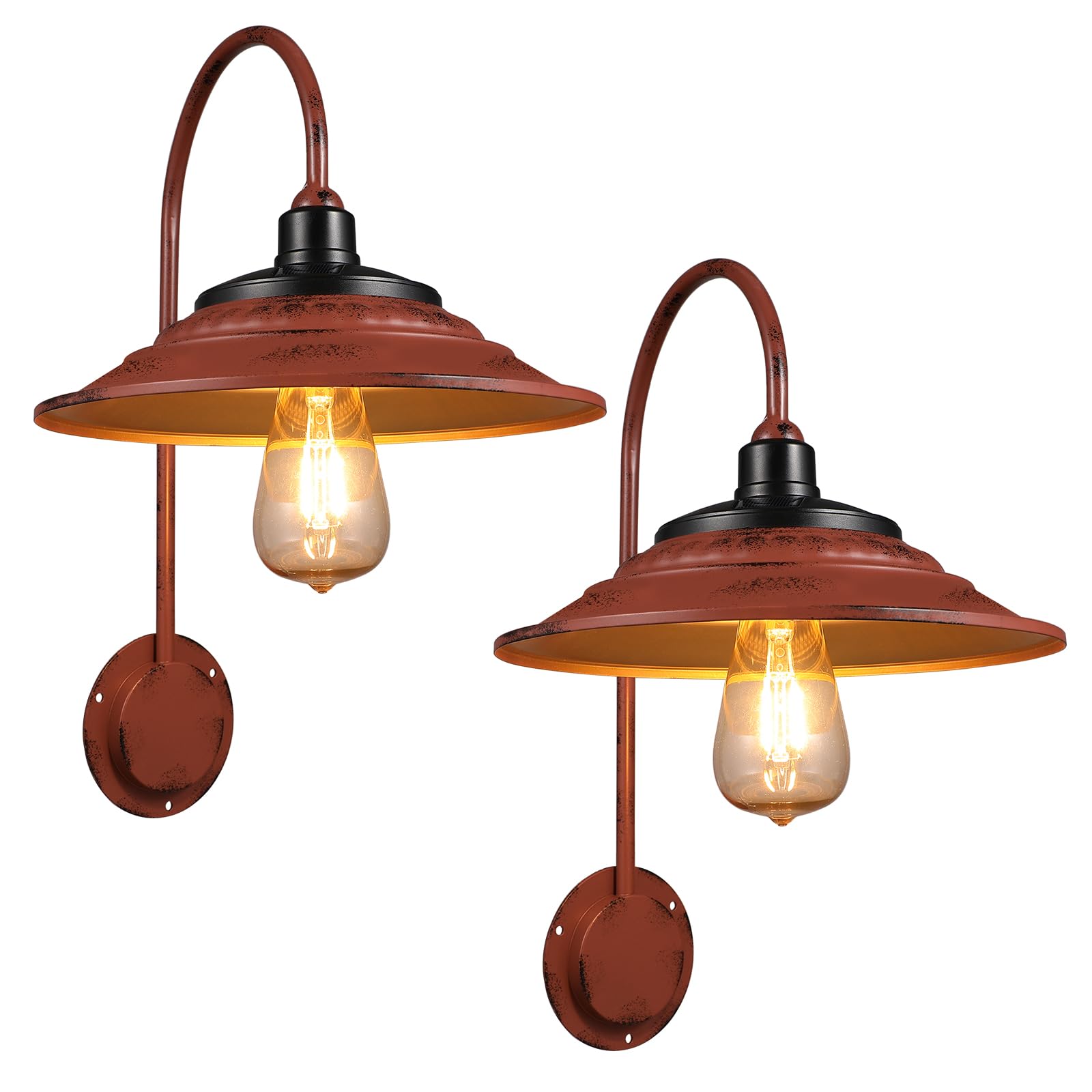 2PCS Vintage Red Solar Barn Lights - Waterproof Outdoor Wall Light Fixture with Gold Interior & Rustic Metal Gooseneck Design - Perfect for Farmhouse, Shed, Porch, Garden, and Pathway Lighting
