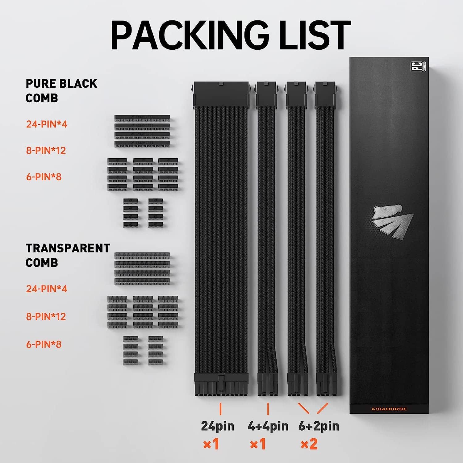 Premium Asiahorse Black Sleeved PSU Extension Cable Kit - 18AWG High-Quality Cotton Braided Custom PC Mod Cables (4-Piece Set) for Gaming PC Build, Workstation Setup & RGB Lighting Customization