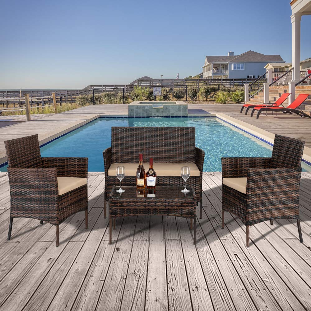 4-Piece Brown Wicker Patio Furniture Set - Outdoor Rattan Sofa with Coffee Table for Balcony, Poolside, Backyard, Porch & Garden - Perfect for Relaxing, Entertaining & Outdoor Conversations