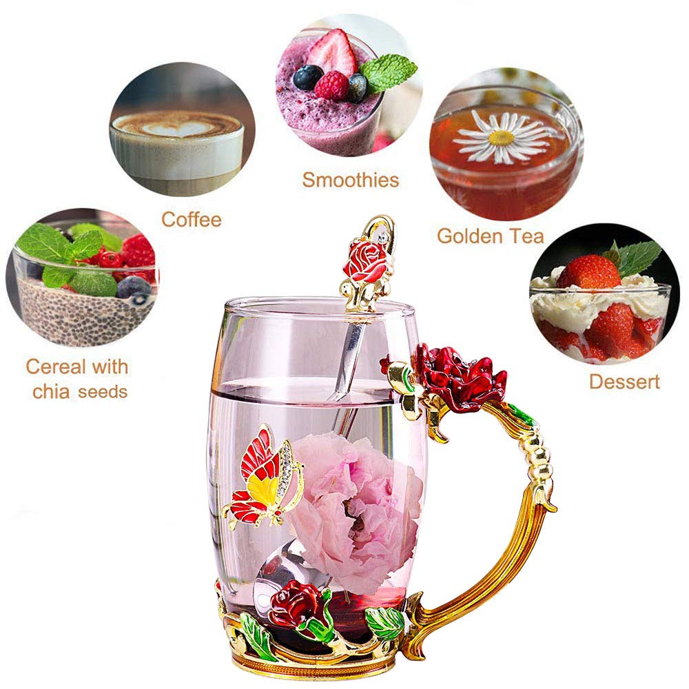 Butterfly Flower Enamel Glass Tea Cup & Coffee Mug - Rose Red Cute Gift for Women, Mom, Grandma, Wife - Perfect for Mother's Day, Anniversary, Christmas, Valentine's Day - Ideal for Tea Parties, Coffee Breaks & Home Decor