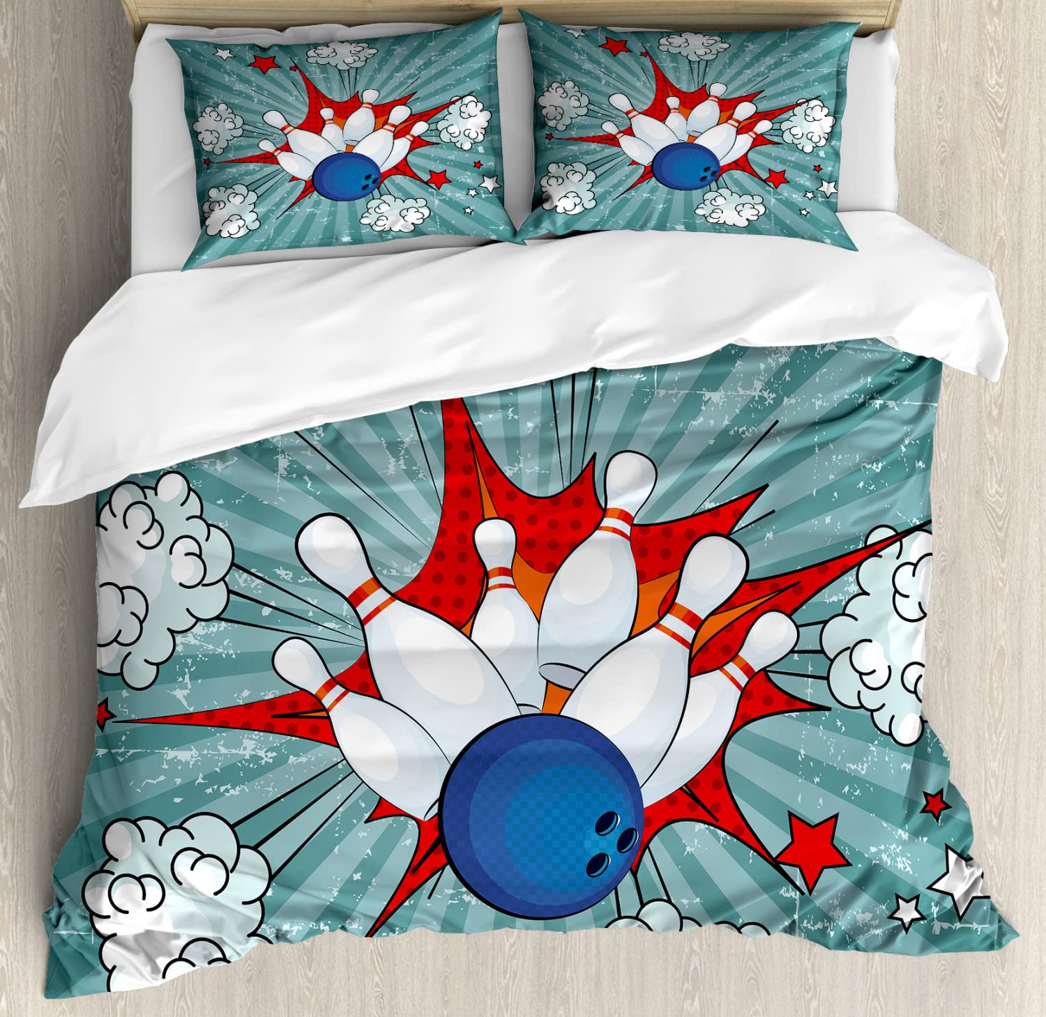 Ambesonne Bowling Party Duvet Cover Set - Retro Comic Cartoon Ball Crash Pop Art Design - 2 King Size Duvet Covers & 4 Pillowcases - Seafoam Blue - Perfect for Bowling Enthusiasts & Game Room Decor