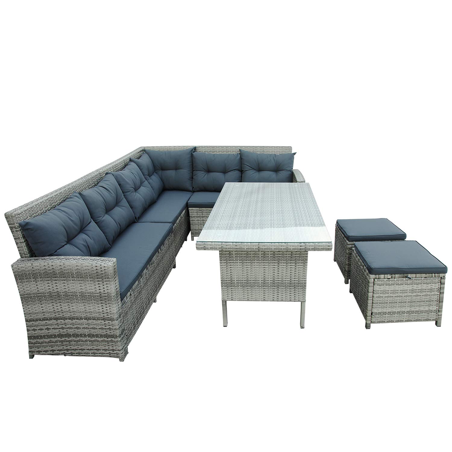 RUNNA 6-Piece Outdoor Patio Furniture Set - Waterproof Sectional Sofa with Tempered Glass Table & Ottomans for Poolside, Backyard, Garden, Lawn (Gray) - Perfect for Relaxing, Entertaining Guests & Outdoor Dining