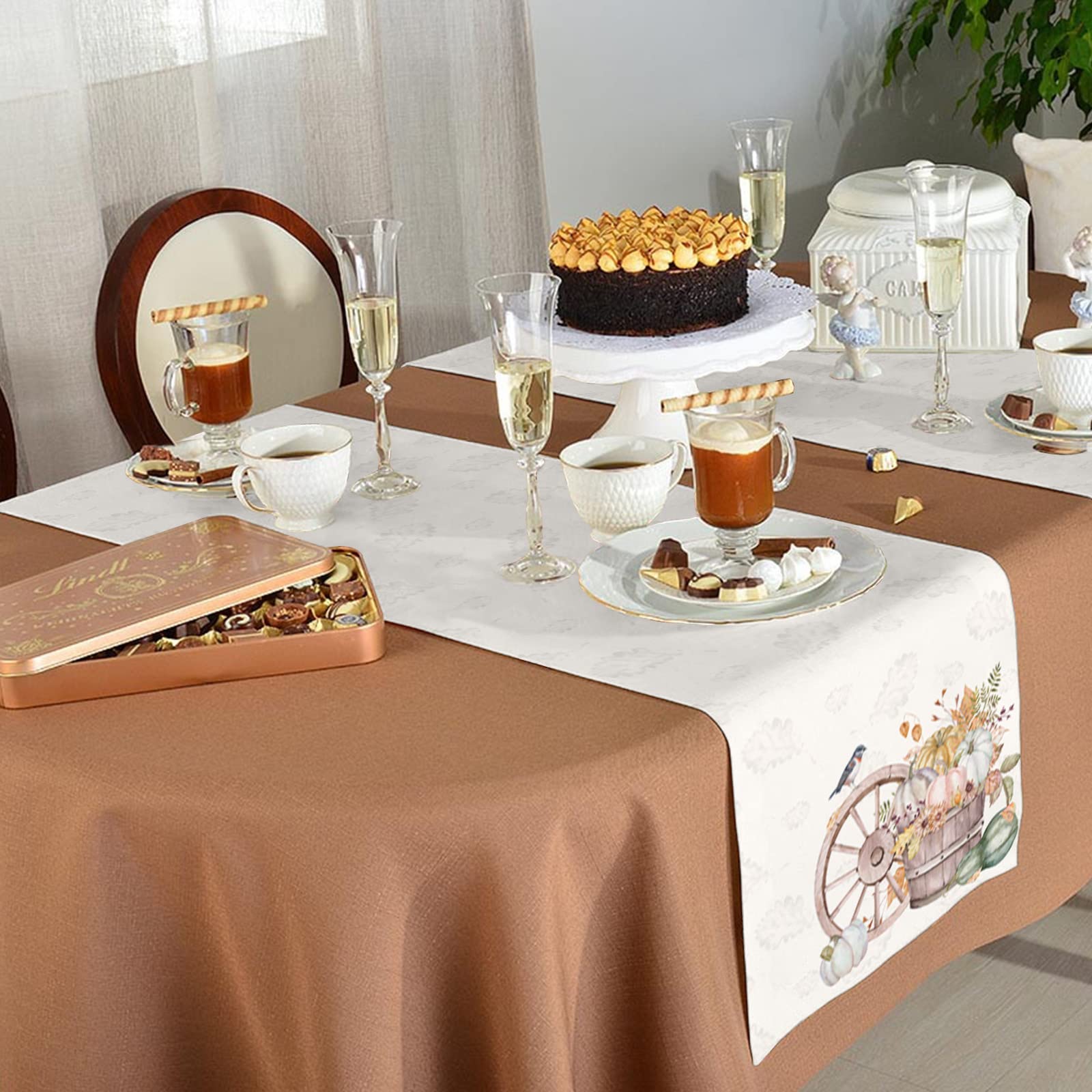 72 Inch Cotton Linen Table Runner - Farmhouse Autumn Decor with Pumpkin & Maple Leaf Design for Dining Table, Coffee Table, Wedding & Banquet | Fall Harvest Kitchen Decor