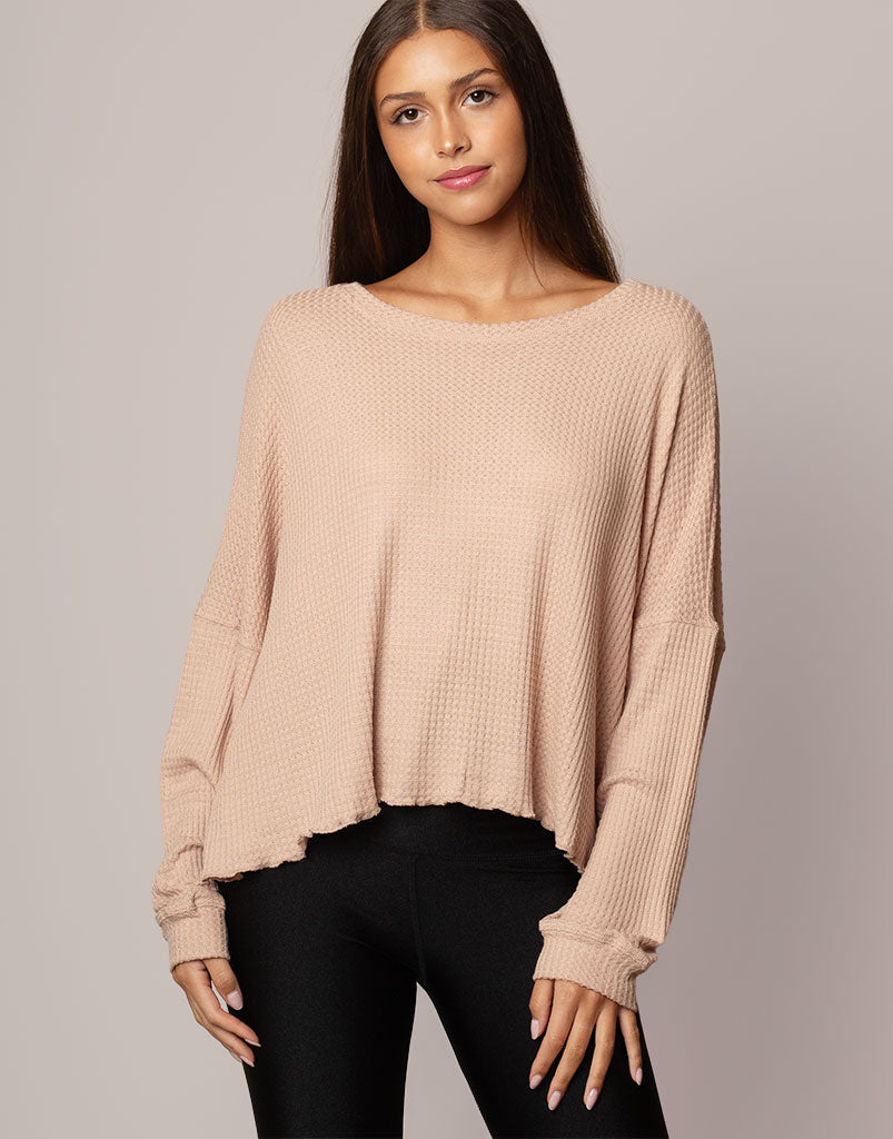 Oversized Waffle Knit Sweater - Soft Oatmeal Color Women's Pullover for Fall & Winter | Cozy Casual Wear, Layering Outfits, Weekend Lounging