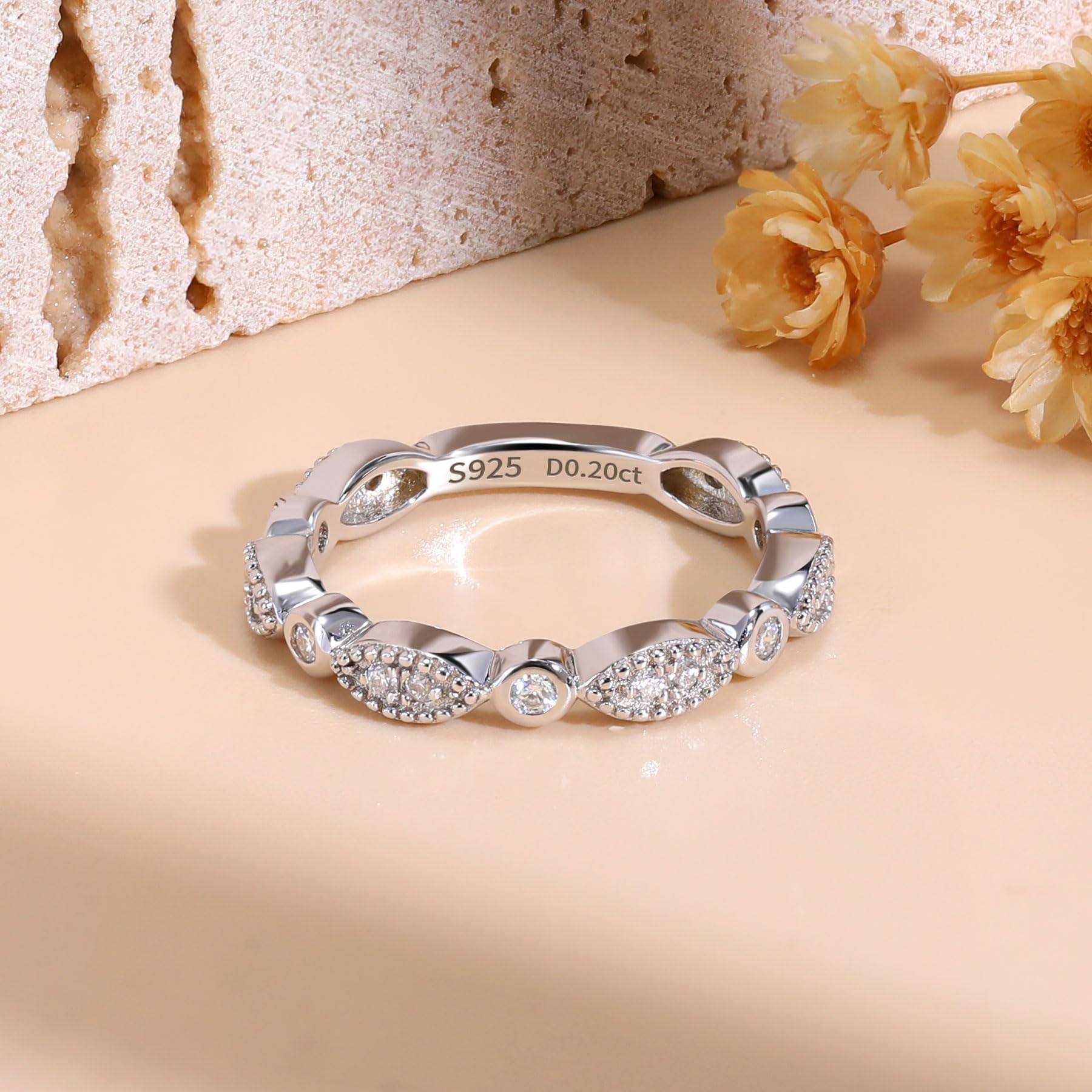 Lab-Created Moissanite Wedding Band - 925 Sterling Silver Half Eternity Ring with Milgrain Detailing | D Color VVS1 Marquise Cut Stackable Rings for Women | Perfect for Bridal Sets, Anniversary Gifts & Everyday Elegance