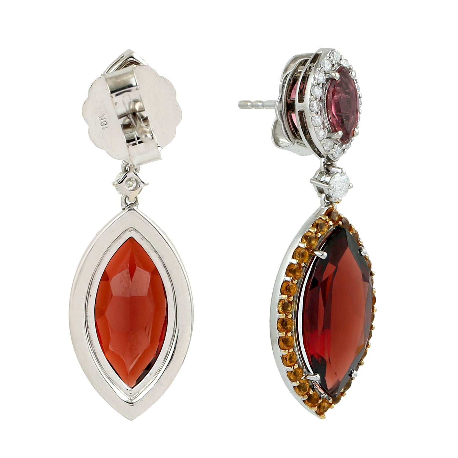 Exquisite Marquise Garnet & Pink Tourmaline Pave Citrine Prong Diamond Dangle Earrings in 14K White Gold - Perfect for Weddings, Anniversaries & Special Occasions