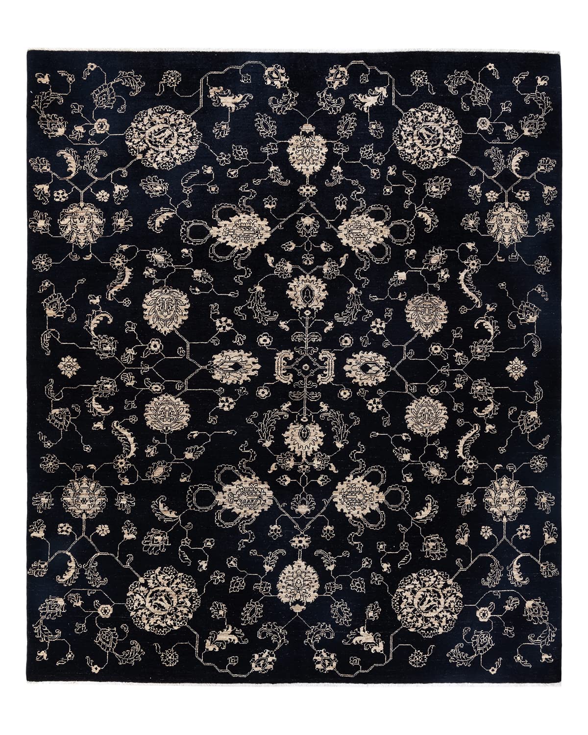 Handmade Wool Floral Area Rug 8x10 - Solo Rugs Unique Hand-Knotted Black Contemporary Design for Living Room, Bedroom & Home Decor