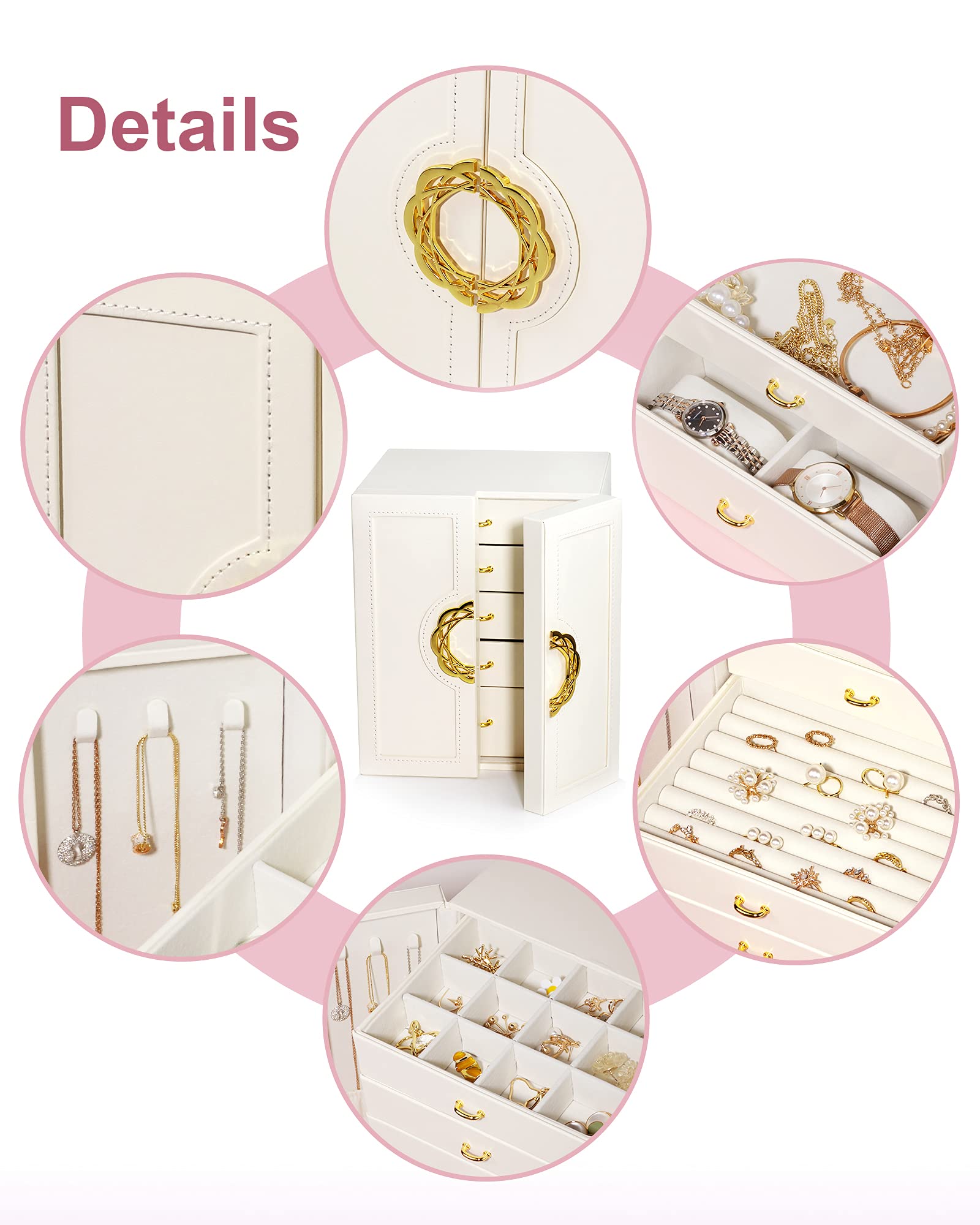 5-Drawer Large Jewelry Box Organizer - Leather Storage Case for Necklaces, Earrings, Rings, Watches & Bracelets | Elegant Stand-Up Holder | Perfect Gift for Women & Girls (White) | Ideal for Bedroom Vanity, Travel & Jewelry Display