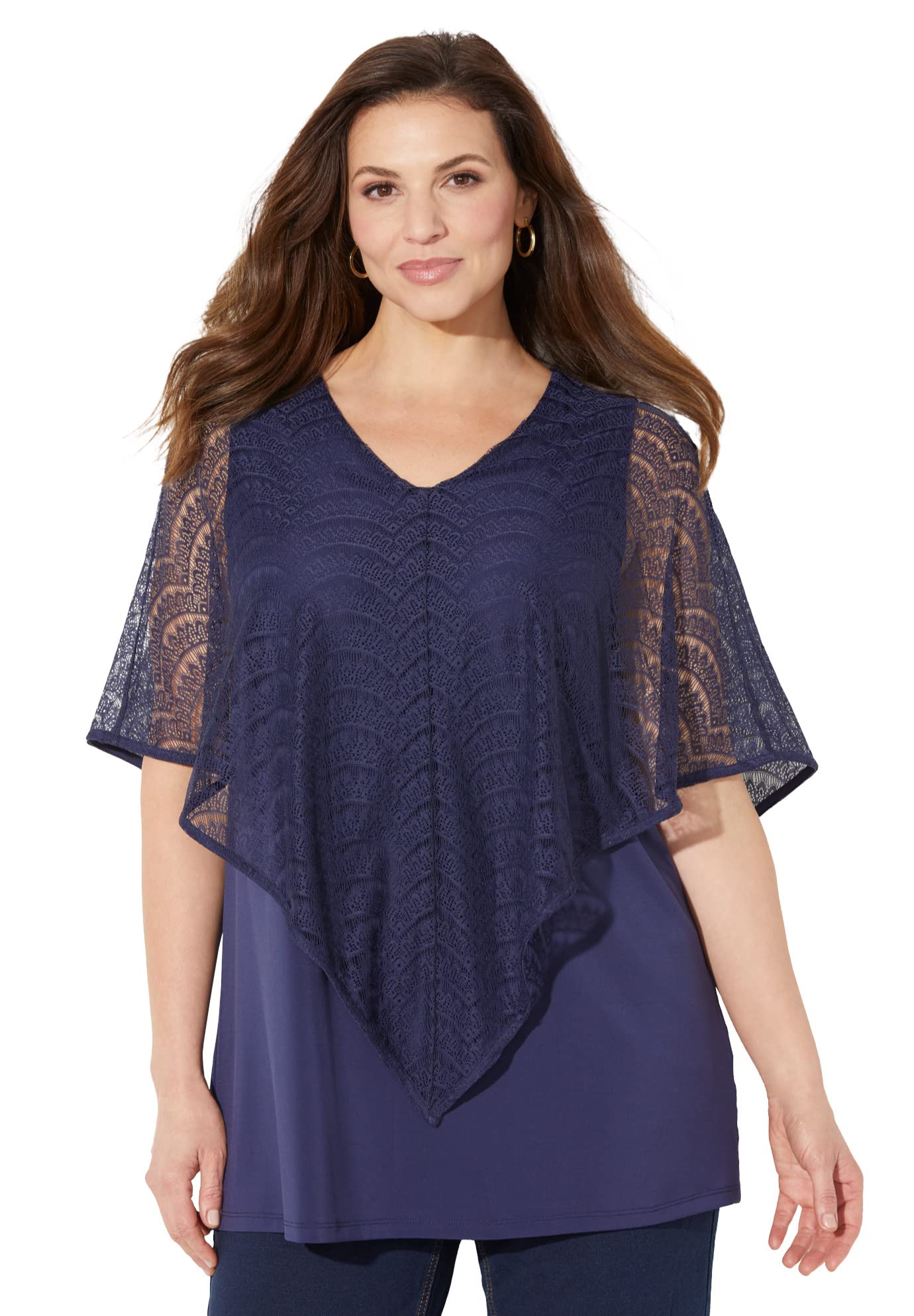 Women's Plus Size Petite Crochet Poncho Duet Top - Stylish Boho Cover-Up for Beach, Festival & Casual Outings | Catherines