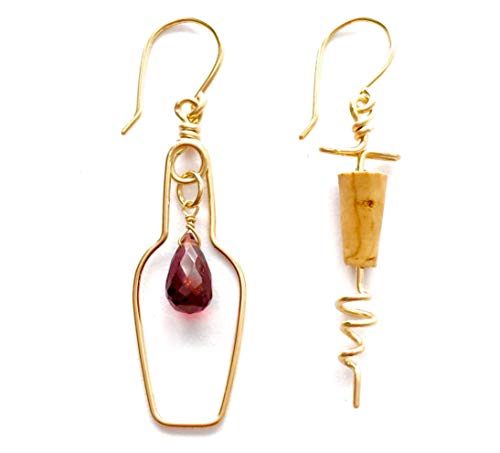 Red Wine Bottle & Cork Screw Earrings - 14K Gold Plated Garnet Jewelry for Wine Lovers | Perfect Gift for Sommeliers, Wine Tasting Parties & Anniversary Celebrations