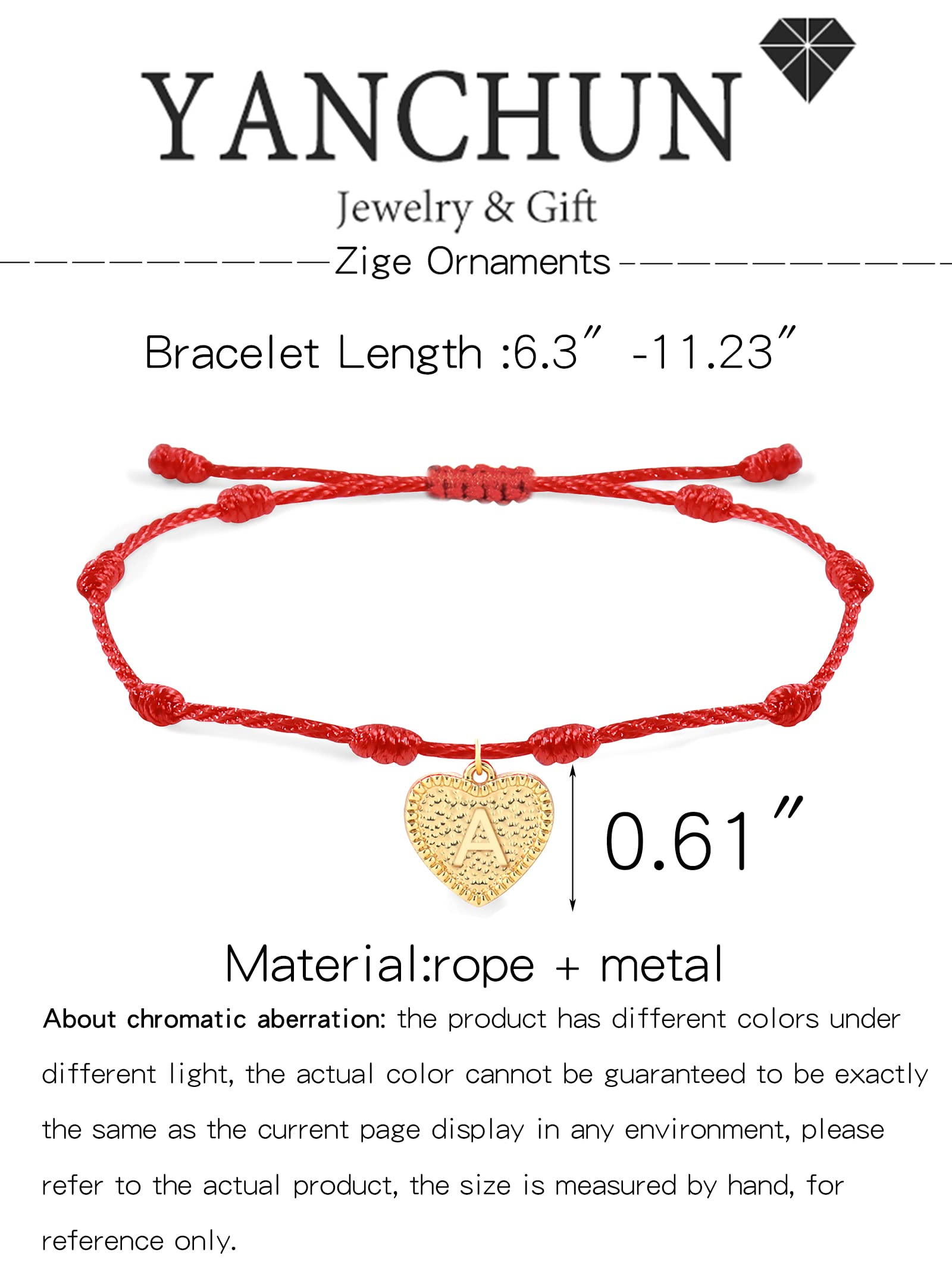 YANCHUN Red Initial Bracelet for Women - Adjustable Handmade Cord Bracelet with Gold Heart Charm, Protection Red String Bracelet Jewelry Gift for Her | Perfect for Birthday, Anniversary, Valentine's Day Gifts & Everyday Wear