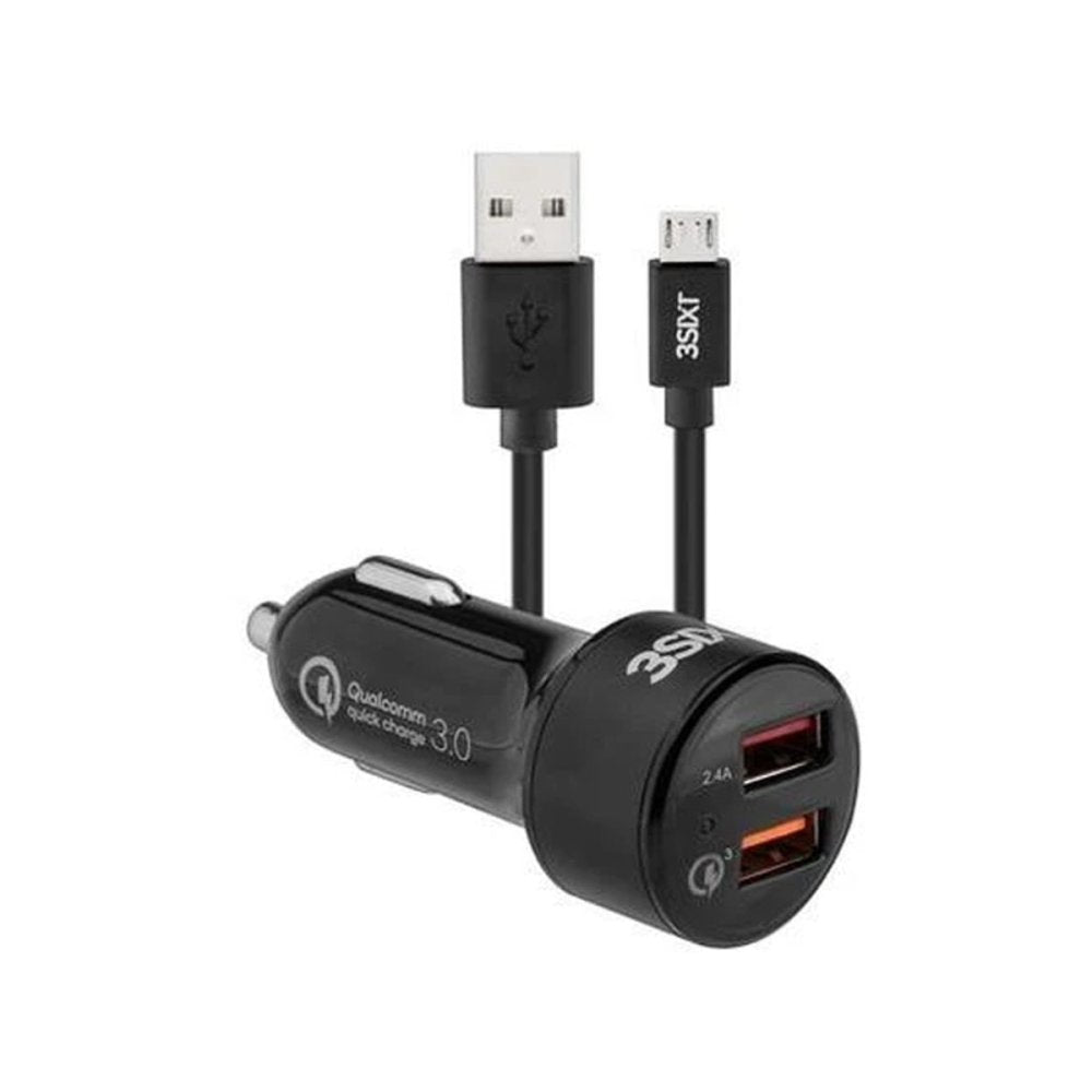 3sixT Fast Car Charger 5.4A Dual Port USB Adapter with 1m Micro USB Cable - Quick Charge for iPhone Android Smartphones While Driving