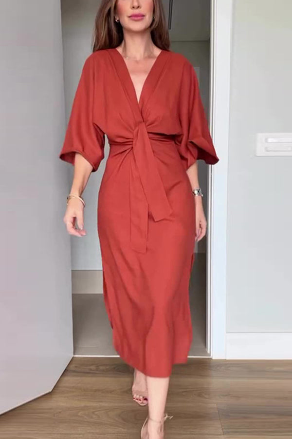 Solid Color V-Neck Half Sleeve Casual Waist-Tied Midi Dress for Women - Perfect for Summer Outings, Beach Vacations & Date Nights