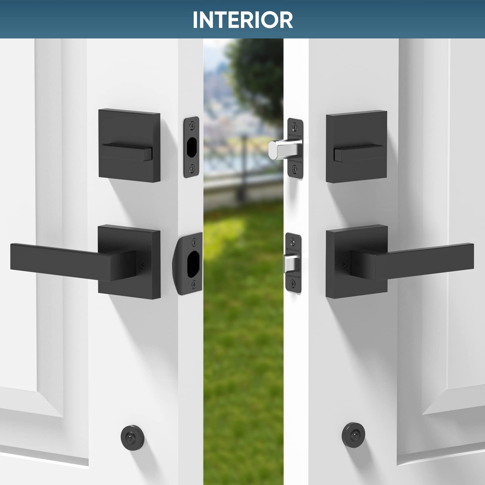 TICONN Heavy Duty Double Front Door Handle Set with Square Lever & Single Cylinder Deadbolt - Matte Black Finish for Side by Side Exterior Doors | Secure Entryway for Homes, Offices & Commercial Buildings