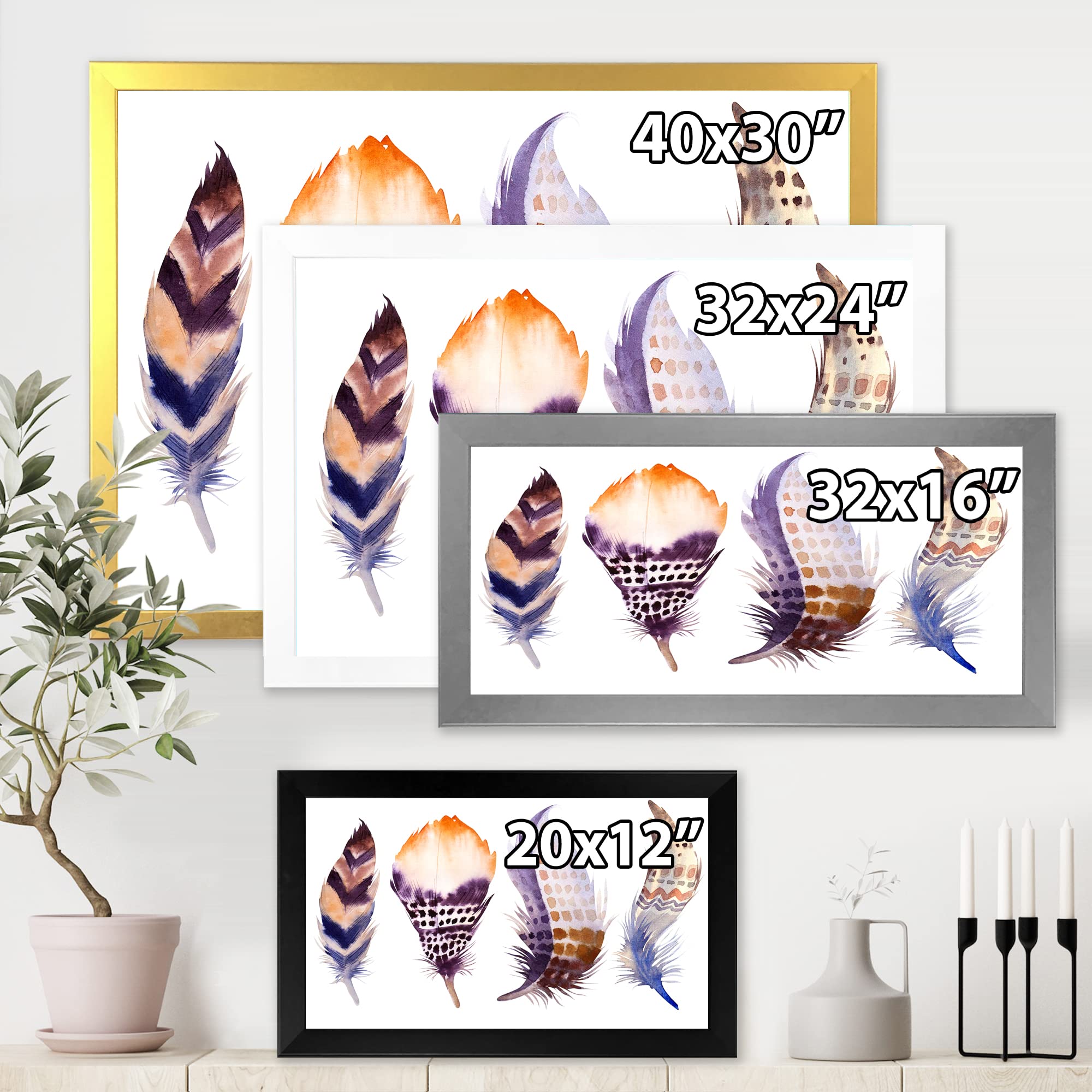 Purple Boho Feathers Bohemian & Eclectic Framed Wall Art Decor - Perfect for Living Room, Bedroom, or Office Boho Chic Style