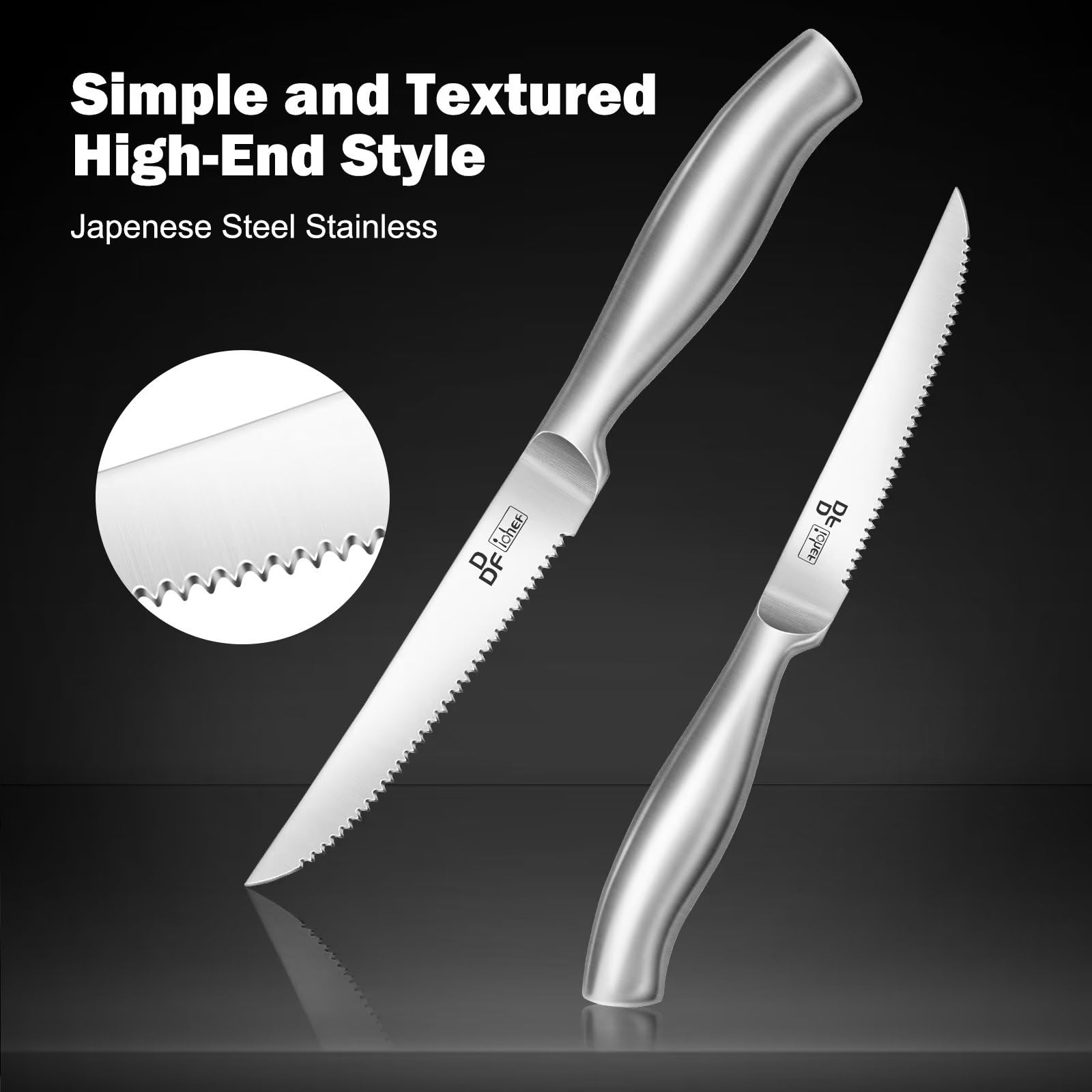 Premium DDF iohEF Steak Knife Set - 6-Piece High Carbon Japanese Stainless Steel Serrated Knives for Steak, Meat & BBQ - Perfect for Dinner Parties, Restaurants & Home Kitchens