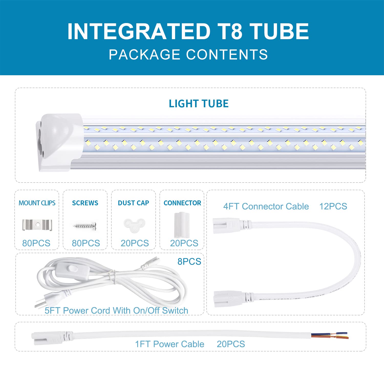 8FT LED Shop Light 120W, 14400lm, 6000K Cool White, T8 96