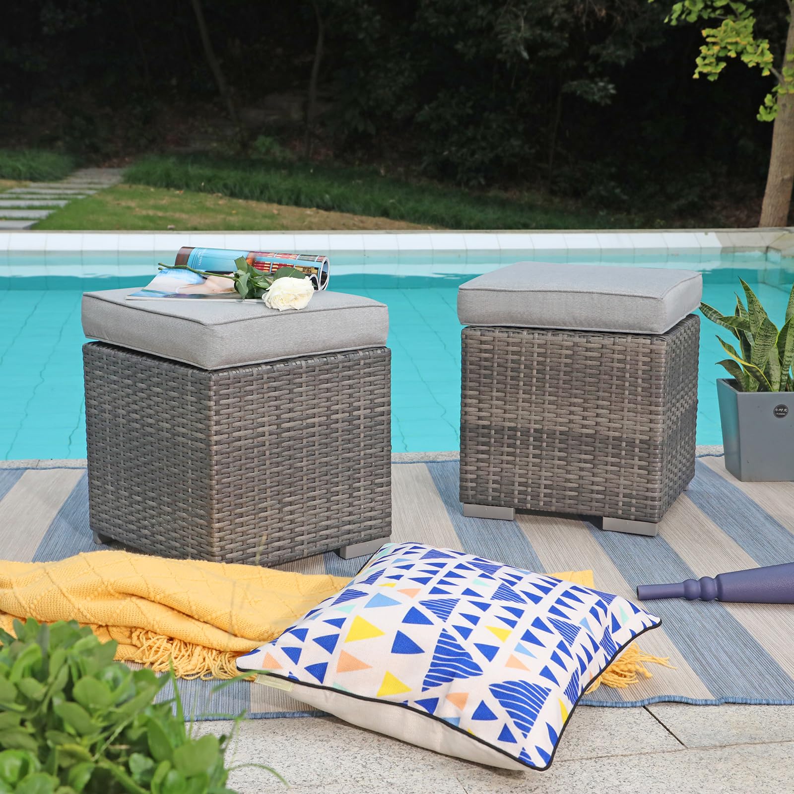 Patiorama 2-Piece Outdoor Patio Ottoman Set - All-Weather Grey Wicker Rattan Footstool with Light Grey Cushions - Indoor/Outdoor Use - No Assembly Required - Perfect for Poolside, Deck, Porch & Living Room Relaxation