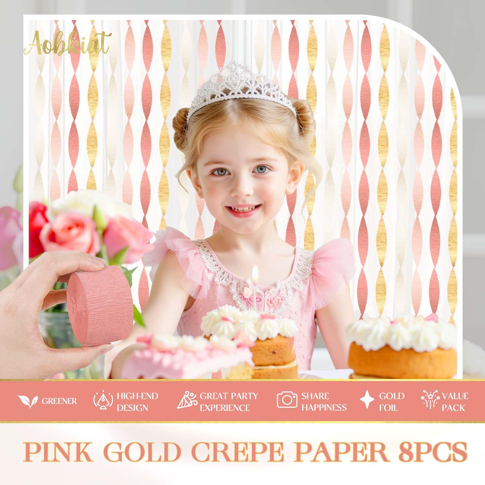 Premium 8 Rolls Pink Gold Crepe Paper Streamers (82ft) - Elegant Wedding, Bachelorette, Birthday & Baby Shower Decorations - Perfect for Party Backdrops, Valentines Day & Special Events Decor
