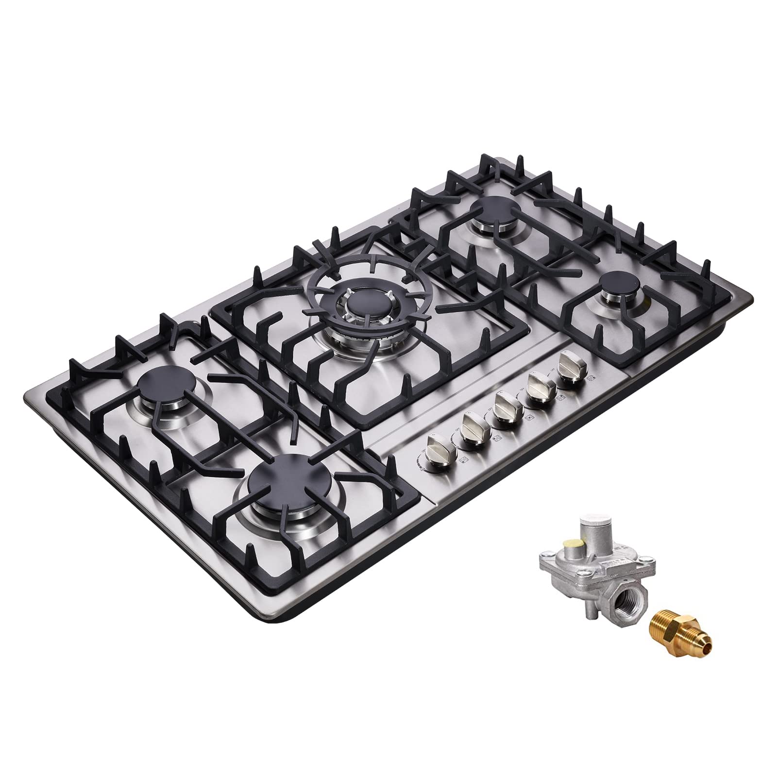 34 Inch Stainless Steel Built-In 5 Burner Gas Cooktop - LPG/NG Convertible Dual Fuel Stovetop for Professional Cooking | DM5808 | Perfect for Home Kitchens, Restaurants & Outdoor Catering