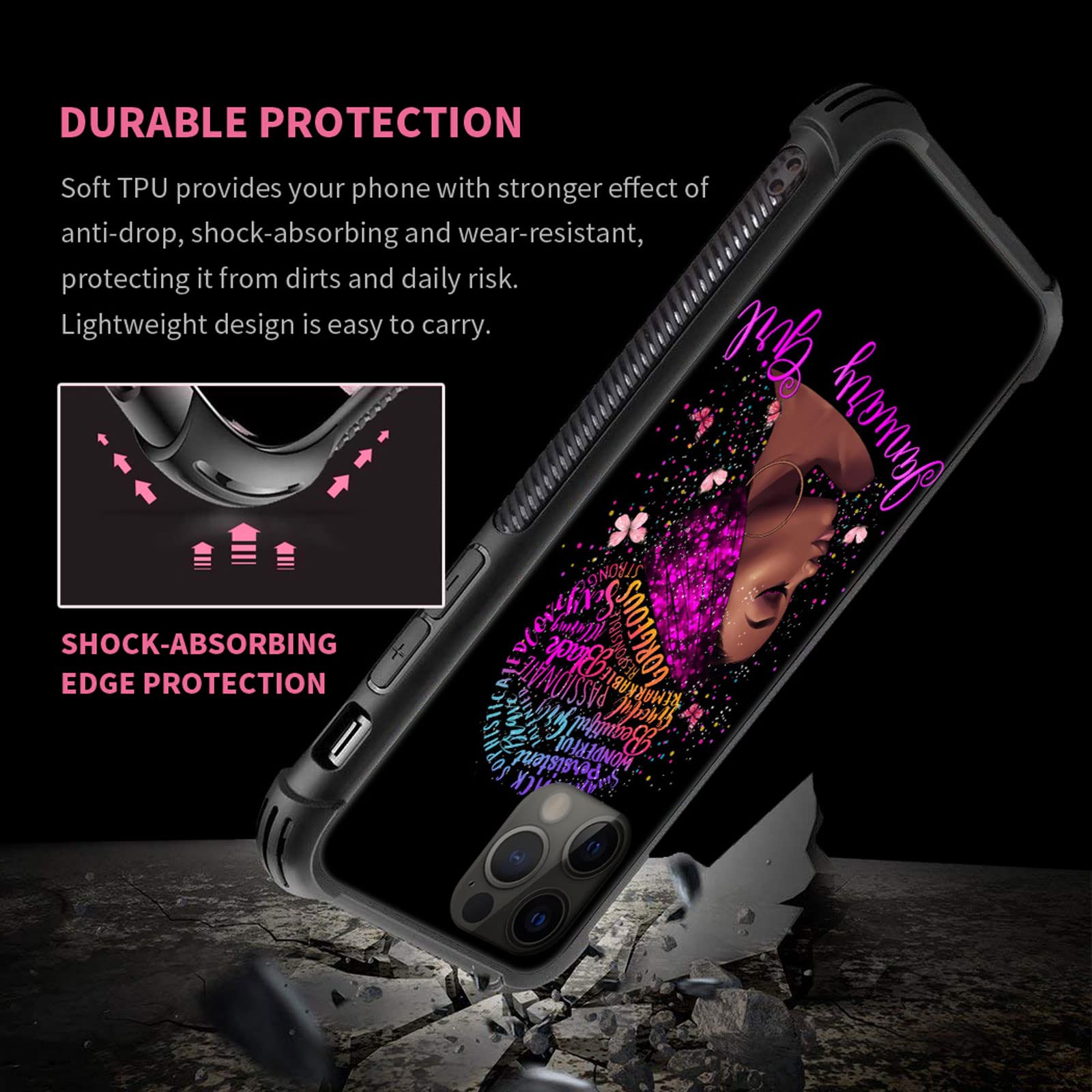 Butterfly Gorgeous Black Girl iPhone 12/12 Pro Case - Shockproof Silicone TPU Protective Cover with Soft Back for Fall Prevention | Perfect for Everyday Use, Work & Travel Protection
