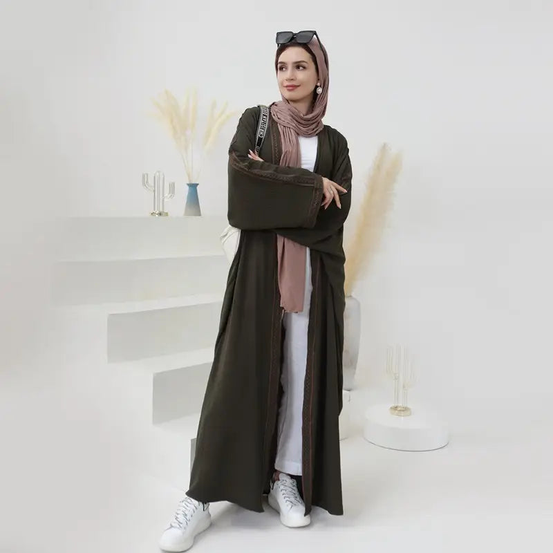 Elegant Embroidered Lace Cardigan Open Abaya Dress for Muslim Women - Modest Islamic Fashion for Prayer, Wedding & Special Occasions