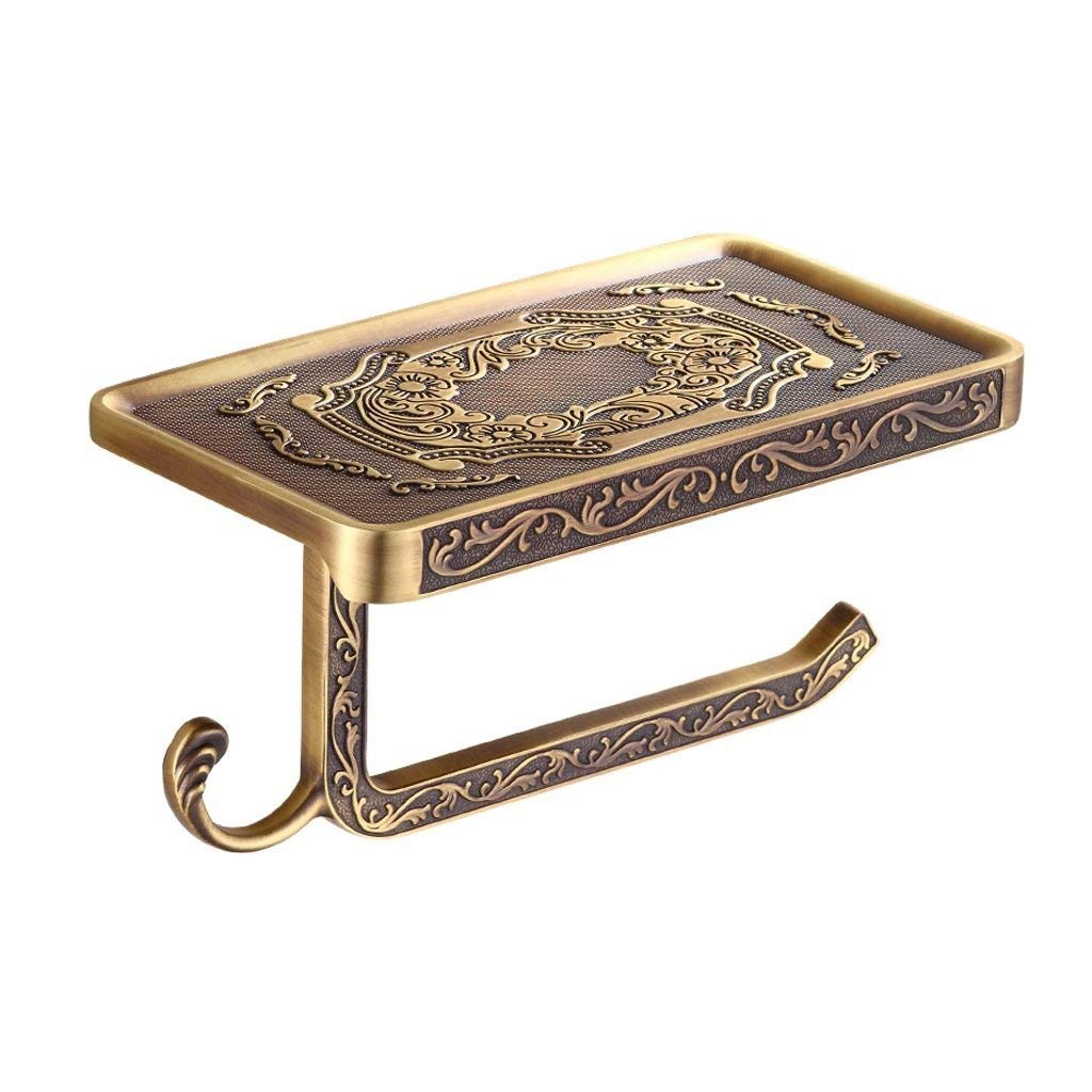 JYDQM No Drill Adhesive Toilet Paper Holder with Shelf - Brass Wall Mounted Bathroom Tissue Roll Holder - Perfect for Small Bathrooms, Apartments, and RVs