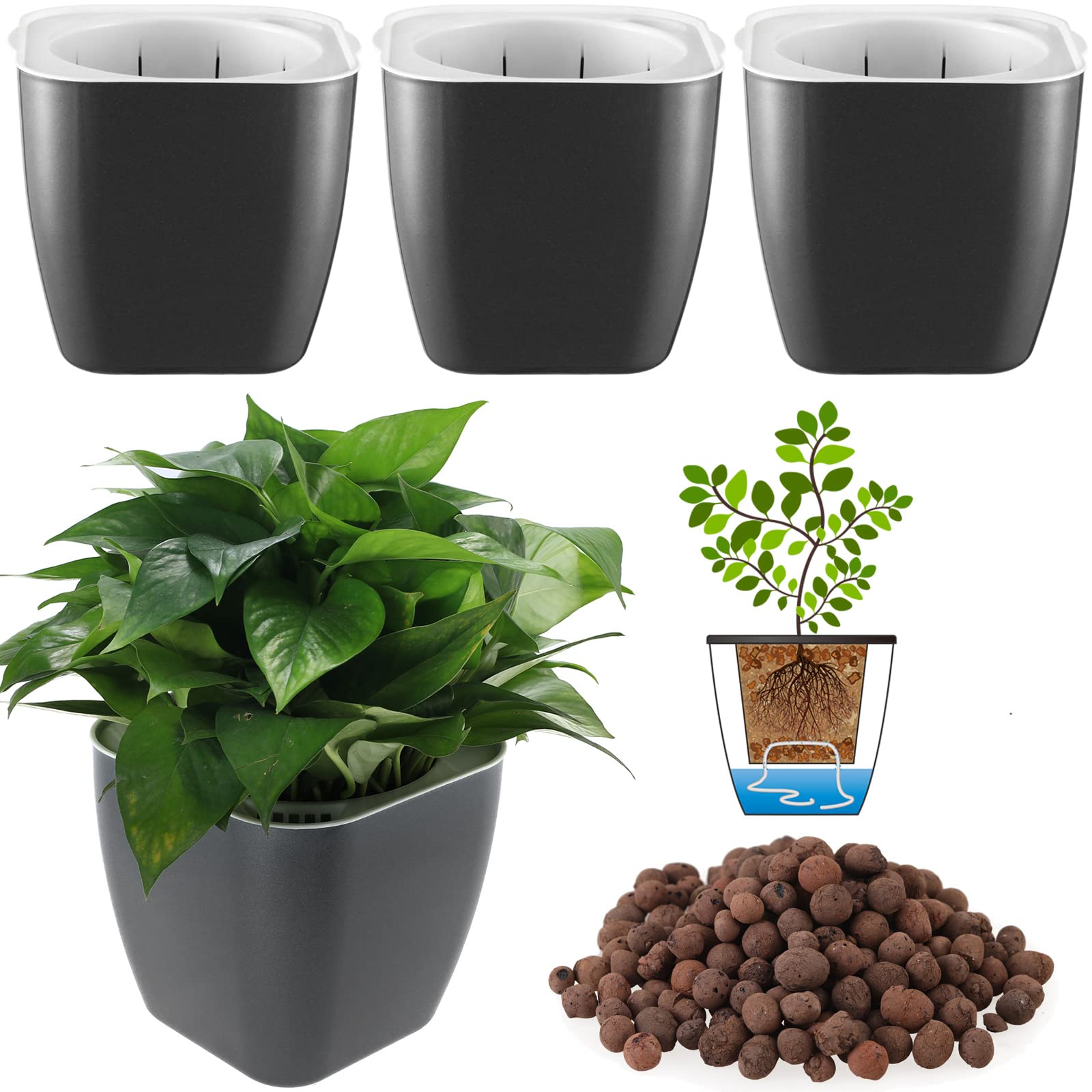 DeEFL 3 Pack 7-Inch Self Watering Plant Pots - Large Plastic Planter with Wick System for African Violets, Spider Plants, Orchids - Indoor Gardening Essentials (Black & Gold) - Perfect for Home, Office, and Balcony Decor