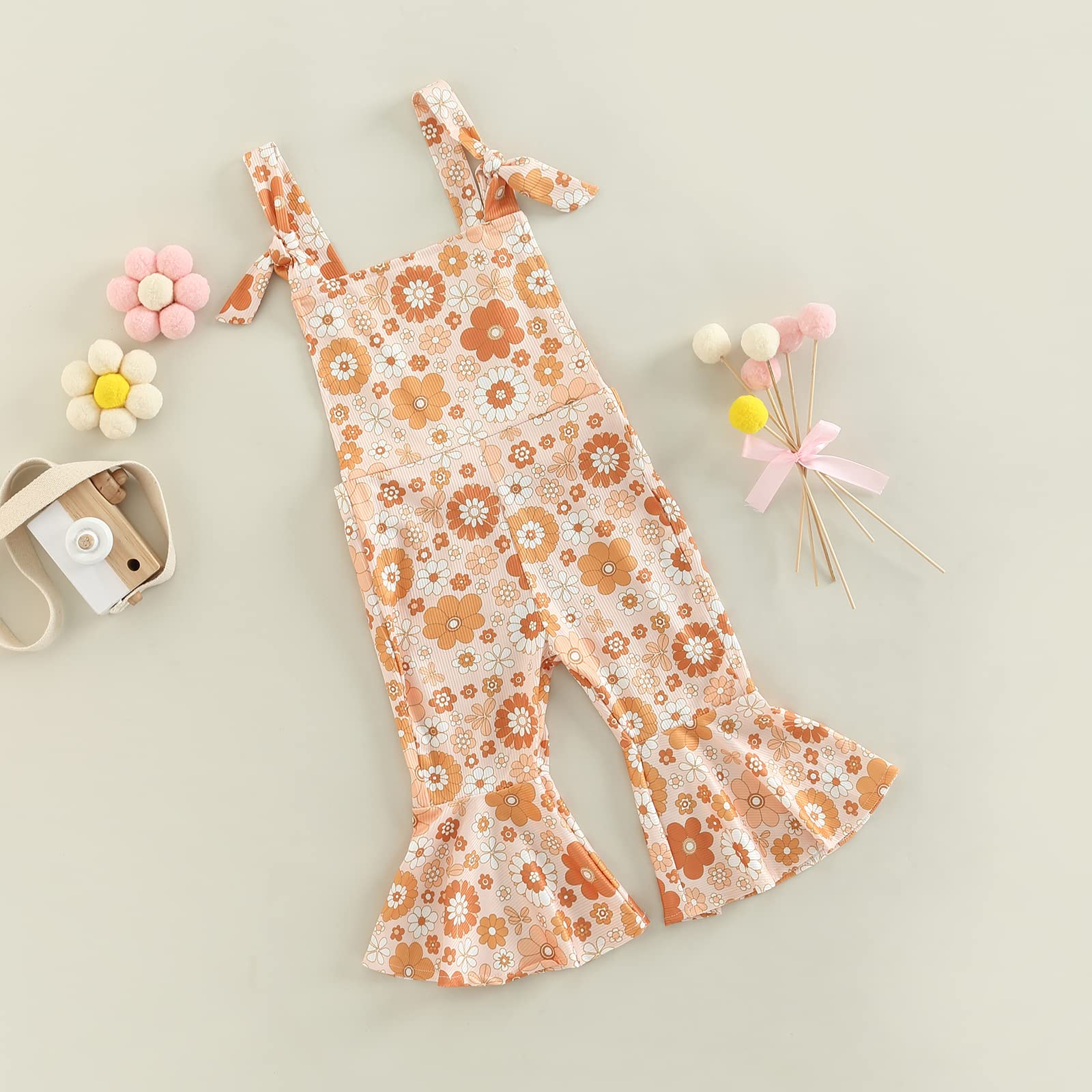 Baby Girl Summer Outfit Floral Print Suspenders Jumpsuit with Bell Bottom Flare Pants - Cute Toddler Overalls for Playdates, Beach Trips & Photoshoots