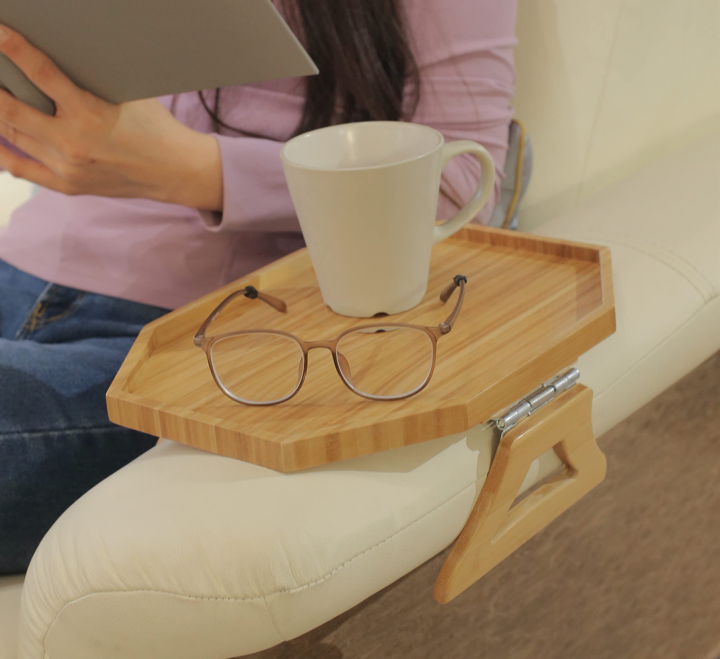 Bamboo Clip-On Armrest Tray for Sofa & Recliner - Portable Side Table for Coffee, Snacks, Phone & Remote Control - Perfect for Living Room, Bedroom & Home Theater Use