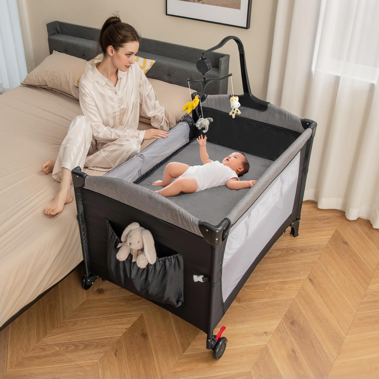 HONEY JOY 6-in-1 Baby Bedside Sleeper & Play Yard with Bassinet, Diaper Changing Table, Zippered Door, 4 Adjustable Heights, Music Box & Storage Bag - Portable for Travel & Home Use (Black) - Perfect for Nursery, Bedroom & On-the-Go Parents