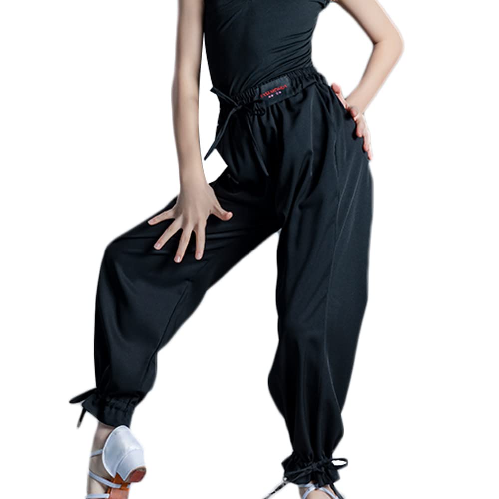 Girls Kids Latin Modern Ballroom Dance Pants - Elastic Waist Drawstring Practice Trousers for Dance Classes & Performances