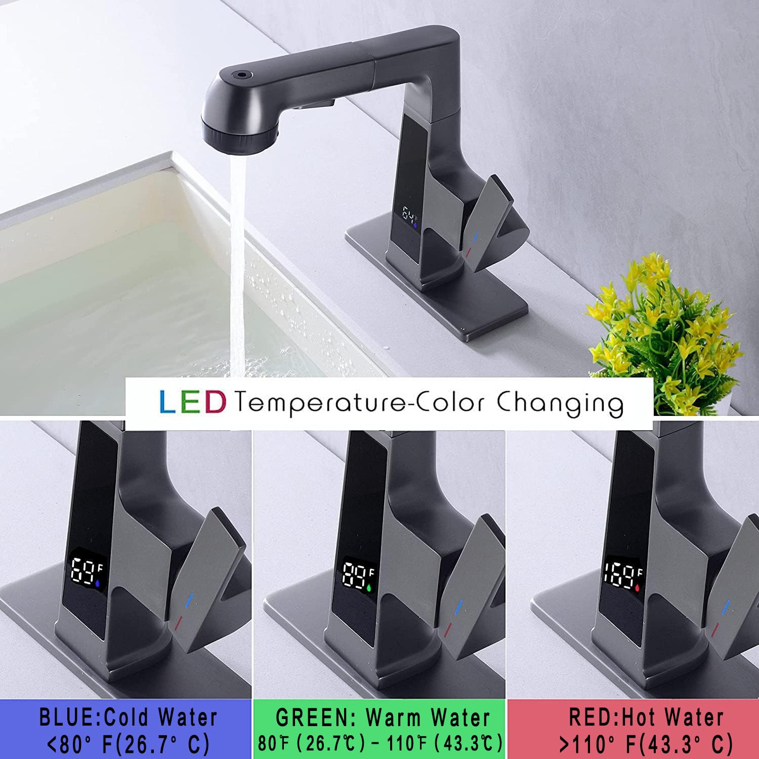 Qeemee LED Bathroom Faucet with Pull Out Sprayer - Grey Digital Temperature Display Sink Faucet with 5 Water Flow Modes, Single Handle RV Vanity Faucet for 1 or 3 Hole Installation - Perfect for Modern Bathrooms, Kitchen Sinks, and RV Living Spaces